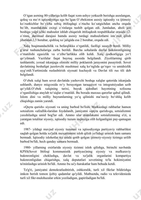 nerallarning atrof- muhitni zaharlashi oqibatida dengiz havzasi qishloq aholisining 87 foizi yuqumli kasalliklarga chalinganligi, hamda bolalar o`lim darajasi baland ekanligi aniqlangan. jumlada , o`zbekistonda 1985-yilda har 1000 nafar chaqaloqdan 46,2 foizi o`lgan. bu ko`rsatgich qoraqalpog`iston respublikasida 62,5, surxondaryo viloyatida 55,2, xorazm viloyatida 50,4 foizni tashkil qildi. ammo o`zbekistondagi og`ir ekologik vaziyat, orol dengizi hududi aholisining salomatlik darajasini pasayib borayotganligi, mazkaziy siyosiy rahbariyatni tashvishga solmadi. o`tgan asrning 80-yillariga kelib faqat xom-ashyo yetkazib berishga asoslangan, qoloq va mo`rt iqtisodiyotga ega bo`lgan o`zbekiston asosiy iqtisodiy va ijtimoiy ko`rsatkichlar bo`yicha sobiq ittifoqdagi o`rtacha ko`satgichdan ancha orqada bo`lib, mamlakatda oxirgi o`rinlarga tushib qolgan edi. jumladan, aholi jon boshiga yalpi ichki mahsulot ishlab chiqarish ittifoqdosh respublikalar orasida 12-o`rinni, daromad darajasi hamda asosiy turdagi mahsulotlarni iste`mol qilish jihatidan 2,5 borabar, qishloq xo`jaligida esa 2 borabar, orqada edi. xalq boqimandachilik va befarqlikka o‘rgatildi, faolligi susayib bordi. milliy g‘urur tushunchalariga zarba berildi. barcha sohalarda davlat hukmronligining o‘rnatilishi egasizlik va …