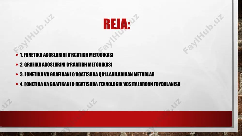 o‘rgazmali vositalar: harflarni tasvirlovchi ko‘rgazmali materiallardan foydalanish, maxsus yozuv mashqlari. • bosma va yozma harflarni ajratish: harflarning yozma va bosma turlarini farqlashni o‘rgatish uchun ko‘rgazmalar va amaliy topshiriqlardan foydalanish. • harflar va so‘z yozish mashqlari: harflarni to‘g‘ri yozishni o‘rgatish uchun har bir harfni bosqichma-bosqich mashq qildirish. • 3. fonetika va grafikani o‘rgatishda qo‘llaniladigan metodlar fonetika va grafika darslarida o‘quvchilarning faolligini oshirish, ularda mustaqil fikrlash va kuzatish ko‘nikmalarini shakllantirish uchun quyidagi metodlardan foydalanish samarali: o‘yinli mashg‘ulotlar: o‘yinlar yordamida o‘quvchilarning qiziqishini oshirish, ular orqali tovushlarni eshitib farqlash va to‘g‘ri talaffuz qilishni o‘rgatish. • mashqlar va topshiriqlar: tovush va harflarni o‘zlashtirish uchun maxsus tayyorlangan topshiriqlar va yozuv mashqlari o‘quvchilarning qobiliyatini oshiradi. • interaktiv texnologiyalar: kompyuter dasturlari, audio va video materiallar yordamida o‘qitish fonetika va grafika bilimlarini yanada qiziqarli va samarali qiladi. 4. fonetika va grafikani o‘rgatishda texnologik vositalardan foydalanish zamonaviy texnologiyalar fonetika va grafika darslarini yanada samarali qilish imkonini beradi. masalan, audio yozuvlar …