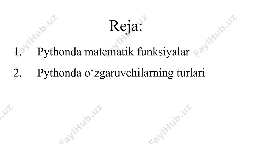 ldiq.  factorial(num) – sonning faktorialini hisoblaydi. degrees(rad) – radiandan gradusga o‘tkazadi.  radians(grad) – gradusdan radianga o‘tkazadi; fabs(x) – x ning absolyut raqami frexp(x) - mantisa va tartibni (m, i) juftligi kabi qaytaradi, m- o‘zgaruvchan nuqtali son, i esa- x=m*2**i ga teng butun son bo‘ladi. agarda 0-(0,0) qaytarsa boshqa paytda 0.5<=abs(m)<1.0 bo‘ladi. ldexp(m,i)=m*(2**i).- m ni, 2 ni i daragacha tartibda qaytaradi. modf(x)- (y,q) juftlikda x ning butun va q kasr qismini qaytaradi. trunc(x) - x haqiqiy sonning butun qismini qaytaradi. tau – tau konstantasi e – e konstantasi gamma – x sonining gamma qiymati int([object],[sanoq sistemasi asosi])- butun sonni berilgan sanoq sistemasidan o‘nlik sanoq sistemasiga o‘tkazadi. bin(x) - butun sonni ikkilik sanoq sistemasiga o‘tkazadi. hex(x)- butun sonni o‘n oltilik sanoq sistemasiga o‘tkazadi. oct(x)- butun sonni sakkizlik sanoq sistemasiga o‘tkazadi. python tilida turli tipdagi o‘zgaruvchilardan foydalanish mumkin, shu sababli, har bir tipdagi o‘zgaruvchilar qanday tavsiflanishini bilish zarur. python tilidа bittа …