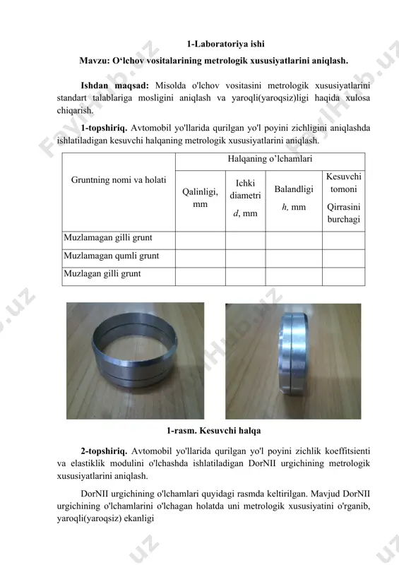 belgilanadi. shartli qovushqoqlik deb 50 ml bitumni sekunddagi oqib tushish vaqti qabul qilinadi. 2. parlangan suyultiruvchi modda miqdorini aniqlash: shisha petri idishiga 0,1 sm qalinlikda bitum quyiladi va uning og'irligi gramlarda quyidagicha aniqlanadi: g=π*d2*h*ρ/4 bunda: d-idish diametri, sm h-bitum qatlami qalinligi, sm ƿ-bitum zichligi, ƿ=1 gr/sm3 bitum quyilgan shisha idish sinov haroratiga yetkazilgan termoshkafga qo'yiladi. bitumni termoshkafda ushlash sharoitlari bitum tamg’alari vaqt, soat harorati, ºс cг 3 100±1 мг 5 110±1 termoshkafdan olingan bitumli idish 30 minut davomida eksikatorda sovitiladi va 0,01 gr aniqlikda tortiladi. parlangan suyuq moddalar miqdori % hisobida quyidagi tenglama yordamida aniqlanadi: х=(g-g1)*100/g, % bunda: g-sinovgacha suyuq bitum og'irligi, gr g1-sinovdan so'ng suyuq bitum og'irligi, gr 3. yumshash haroratini aniqlash(suyultiruvchi modda parlangandan so'ng): sinovlar “xalqa va shar” asbobida amalga oshiriladi. bitum silliq halqaga havo pufakchasi hosil qilmasdan ortiqchasi bilan quyiladi va 20 minut 25±10 ºс da turgandan so'ng issiq pichoq bilan halqa qirrasi bo'yicha ortiqcha bitum tekis …
