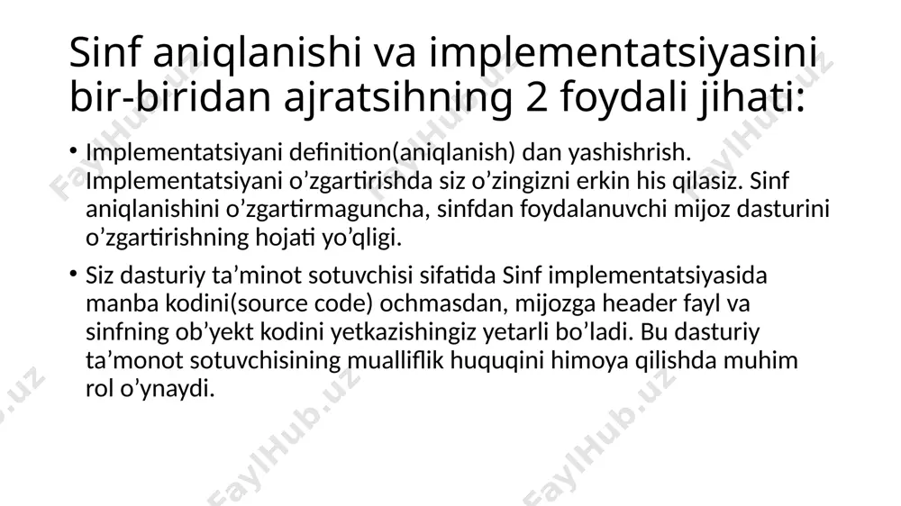 aniqlanish lozim: bool ismaydonnomi() set funksiya esa quyidagicha aniqlanadi: void setmaydonnomi(malumotturi maydonqiymati) listing 9.9 circlewithprivatedatafields.h listing 9.10 circlewithprivatedatafields.cpp listing 9.11 testcirclewithprivatedatafields.cpp o’zgaruvchilar joylashuvi a, b va c holatlar bir xil. sinf abstraksiyasi va inkapsulyatsiya sinf abstraksiyasi bu – sinf foydalanilishidan sinf implementatsiyasini ajratishdir. implementatsiya jarayonlari foydalanuvchidan inkapsulyatsiyalanadi va yashiriladi. bu jarayon sinf inkapsulyatsiyasi deyiladi. olingan xulosalar sinf aniqlanishi va uning implementatsiyasini alohida fayllarga yozish mumkin. #ifndef direktivasi qo’shish himoyasi deyiladi. funksiya sinf aniqlanishida implementatsiya qilib ketilsa, u inline funksiya hisoblanadi. public funksiya yoki ma’lumot kodning ixtiyoriy qismida ko’rinarli bo’ladi. private funksiya yoki ma’lumot faqat sinfning ichida mavjud bo’ladi. get yoki set funksiyalari orqali mijozlarga ma’lumotni ko’rishlariga imkon yaratib berishingiz mumkin. olingan xulosalar 7. o’z navbatida, get funksiya getter( yoki accessor) va set funksiya setter( yoki mutator) deb ham yuritiladi. 8. get funksiyaning ko’rinishi qaytuvchitur getmaydonnomi() 9. agar qaytuvchitur bool turida bo’lsa, u holda get funksiya quyidagicha aniqlanadi: bool ismaydonnomi() 10. …