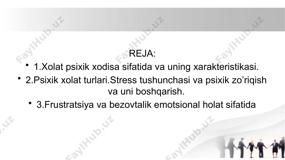 yasaydi. ikkinchidan, emociya imo – ishoralarda, mimikada, ya'ni kishining yuzida bo'ladigan harakatlarda hamda butun badanning ma'nodor harakatlarida ko'rinadi. uchinchidan, gumoral harakatlardagi, ya'ni organizmning qon tarkibidagi va boshqa suyuqliklardagi kimyoviy o'zgarishlarni va shuning bilan birga modda almashishida bo'ladigan yanada chuqur o'zgarishlarni o'z tarkibiga oladi. psixik holat turlari.stress tuhsunchasi va psixik zo’riqish va uni boshqarish. stress – inson organizmini haddan tashqari zo'riqish natijasida paydo bo'ladigan tanglik jarayonidir. stress ko'rinishi ikki turga ajratiladi: konstruktiv – biz turidagi (ko'pchilik orasida); destruktiv – men turidagi (yakka shahs o'zi bilan) kechadigan jarayon stressni fiziologik va psihologik turlari mavjud: fiziologik stress – bu o'ta jismoniy zo'riqish, biror og`riq, qo'rquv, kasalliklar natijasida vujudga keladi. fiziologik stress organizm o'ta zo'riqishi, temperaturaning baland yoki past bo'lishi, nafas olishning qiyinlashishi bilan bog`liq bo'ladi. stress ko’rinishiga qarab ikkiga turga ajraladi : destruktiv – men turdagi(yakka shaxs o’zi bilaan kechadigan jarayon). 1 konstruktiv-biz turdagi (ko’pchilik orasida); frustratsiya va bezovtalik emotsional holat sifatida. e’tiboringiz …