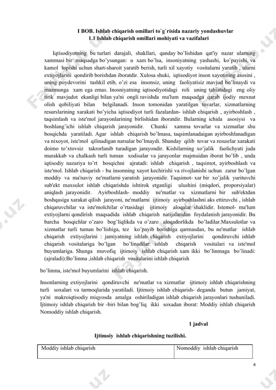s ettiruvchi , ishlab chiqaruvchilar va iste'molchilar o’rtasidagi ijtimoiy aloqalar shaklidir. istemol- ma'lum extiyojlarni qondirish maqsadida ishlab chiqarish natijalaridan foydalanish jarayonidir. bu barcha bosqichlar o’zaro bog’liqlikda va o’zaro aloqadorlikda bo’ladilar.maxsulotlar va xizmatlar turli tuman bo’lishiga, tez ko’payib borishiga qarmasdan, bu ne'matlar ishlab chiqarish extiyojlarini : jamiyatning ishlab chiqarish extiyojlarini qondiruvchi ishlab chiqarish vositalariga bo’lgan bo’linadilar: ishlab chiqarish vositalari va iste'mol buyumlariga. shunga muvofiq ijtimoiy ishlab chiqarish xam ikki bo’linmaga bo’linadi: (ajraladi):bo’linma ,ishlab chiqarish vositalarini ishlab chiqarish bo’linma, iste'mol buyumlarini ishlab chiqarish. insonlarning extiyojlarini qondiruvchi ne'matlar va xizmatlar ijtimoiy ishlab chiqarishning turli soxalari va tarmoqlarida yaratiladi. ijtimoiy ishlab chiqarish- deganda butun jamiyat, ya'ni makroiqtisodiy miqyosda amalga oshiriladigan ishlab chiqarish jarayonlari tushuniladi. ijtimoiy ishlab chiqarish bir -biri bilan bog’liq ikki soxadan iborat: moddiy ishlab chiqarish nomoddiy ishlab chiqarish. 1 jadval ijtimoiy ishlab chiqarishning tuzilishi. moddiy ishlab chiqarish nomoddiy ishlab chiqarish moddiy ne'matlarni ishlab chiqarish moddiy xizmatlarni ishlab chiqarish nomoddiy xizmatlarni ishlab chiqarish …