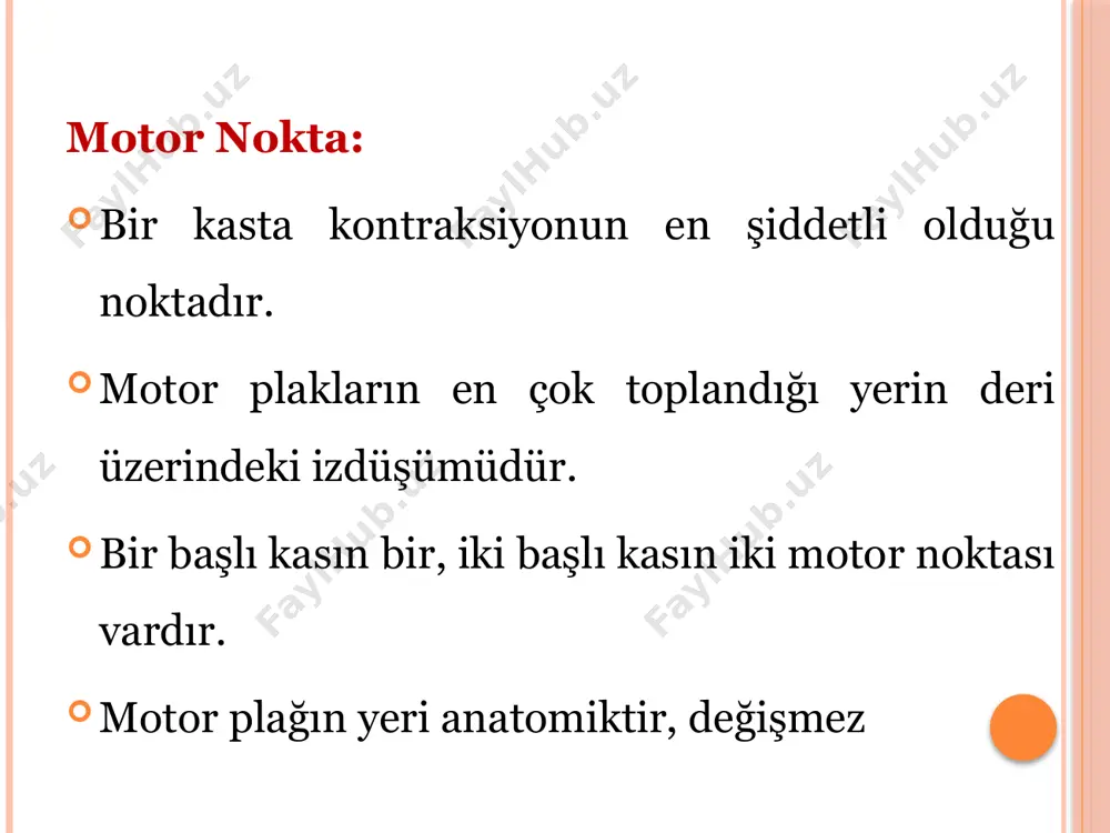 impuls dürasyonu yeterlidir. 6- dürasyonu değiştirirken akım şiddeti sıfıra indirilmelidir. 7- her bir dürasyonda bulunan değerler test kağıdı üzerinde işaretlenerek eğri çizilir. akomodasyon orani triangüler kesikli galvanik akımla elde edilen minimal kontraksiyonun; rektangüler kesikli galvanik akımla elde edilen minimal kontraksiyon a oranıdır. normalde: 3-6 kuvvet-zaman eğri̇si̇ni̇n kli̇ni̇kte kullanildiği yerler 1.periferik sinir yaralanmaları 2. poliomyelit: hastalığın başlangıcından 3 hafta sonra yardımcı olur. 3. fasiyal paralizi 4. myopatiler 5. nevritler kuvvet-zaman eğri̇si̇nde kronaksi̇ni̇n beli̇rlenmesi̇ reobazın bulunduğu değerin iki katı alınarak zaman eksenine paralel çizilir. bu çizginin kuvvet-zaman eğrisini kestiği yerden zaman eksenine inilen dik çizginin bu ekseni kestiği nokta kronaksidir. i kronaksi elektromyografi̇ = emg i̇skelet kaslarının iç elektriki özelliklerini araştırma ve kayıt etme işidir. elektromyografik aletle çalışır. (elektrot, amplifikatör, duyarlılık seti, filtre sistemi, ossiloskop, ses düzeni) emg elektrotları: 1.kayıt elektrotları 2.uyarıcı elektrotlar a. yüzeyel b. iğne(monopolar co-axial) emg’de görülen elektri̇k potansi̇yelleri̇: normal motor ünite potansiyeli: voltajı 100-2000 mikrovolt, 2-10 msn, frekans …