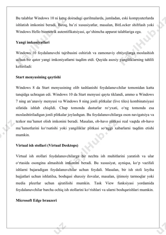 ish imkonini beradi. 2020-yilda edge chromium asosida yangilandi, bu uning ishlashini yanada yaxshiladi va google chrome bilan raqobatlasha oladigan darajaga keltirdi. cortana ovozli yordamchisi cortana, microsoft’ning ovozli yordamchisi, foydalanuvchilarga ovozli buyruqlar orqali vazifalarni boshqarish, qidiruvni amalga oshirish va eslatmalar yaratish imkonini beradi. masalan, foydalanuvchi “bugungi ob-havo qanday?” deb so‘rasa, cortana darhol javob beradi yoki “ertaga soat 10:00 ga uchrashuv qo‘y” deb buyruq berishi mumkin. cortana’ning integratsiyasi dastlabki versiyalarda muvaffaqiyatli bo‘lgan bo‘lsa-da, keyingi yangilanishlarda uning funksionalligi cheklangan va ba’zi mamlakatlarda qo‘llab-quvvatlanmaydi. xavfsizlik va yangilanishlar tizimi windows 10 xavfsizlikka alohida e’tibor qaratadi. windows defender antivirus tizimi real vaqtda zararli dasturlarga qarshi himoya qiladi. bitlocker shifrlash texnologiyasi ma’lumotlarni xavfsiz saqlashni ta’minlaydi, ayniqsa, windows 10 pro va enterprise versiyalarida. yangilanishlar tizimi avtomatik ravishda ishlaydi, bu esa foydalanuvchilarga doimiy xavfsizlik yamog‘i va yangi funksiyalarni taqdim etadi. masalan, 2022-yilda chiqarilgan 22h2 versiyasi wpa3 xavfsizlik standartlarini qo‘llab-quvvatladi, bu wi-fi tarmoqlarining xavfsizligini oshirdi. windows 11 haqida umumiy ma’lumot …