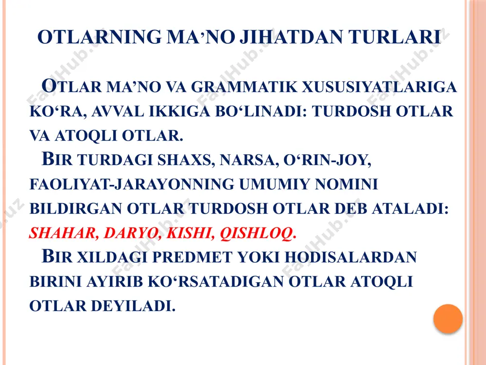 ‘llana olmaydi. -lar ko‘rsatkichi otlardan tashqari olmosh, son, sifat, ravish turkumidagi so‘zlarga ham qo‘shilishi mumkin: bular, kimlar, yaxshilar, beshlar, ilgarilari, kelganlar, tushuntirishlar. bu ko‘rsatkich fe’lga qo‘shilganda tuslovchi tarkibida keladi: aytadilar (3-shaxs tuslovchi tarkibida). otlarning kichraytirish, hurmatlash va erkalash shakllari nutqimizda kichraytirish, hurmatlash va erkalash otlari ham qo‘llanadi. bunday otlar hurmatlash, kichraytirish, ba’zan esa ham kichraytirish, ham erkalash ma’nolarini anglatadigan quyidagi qo‘shimchalar bilan yasaladi: -cha akbarcha (kesatish ma’nosida), uycha, kitobcha; -choq, -chak, chiq: qo‘zichoq, kelinchak, qopchiq; -(a)loq: qizaloq, bo‘taloq; -jon: ukajon; odiljon, -xon: azizaxon; -gina: qizgina, bolagina. eslatma: -gina qo‘shimchasi kichraytirish, erkalashdan tashqari, achinish ma’nosini ham ifodalaydi. bu qo‘shimcha -gina ayiruv yuklamasi bilan omonimdir. farqlari: -gina yuklamasi barcha qo‘shimchalardan keyin qo‘shiladi; -gina yuklamasi urg‘u olmaydi, -gina qo‘shimchasi esa urg‘u olishi mumkin. otlarning yasalishi otlar besh xil usul bilan yasaladi. 1. ot yasovchi qo‘shimchalar bilan. 2. so‘zlarni qo‘shish yoki juftlash bilan 3. so‘zlarni qisqartirish bilan. 4. turkumdan turkumga so‘z ko‘chishi yordamida. 5. …