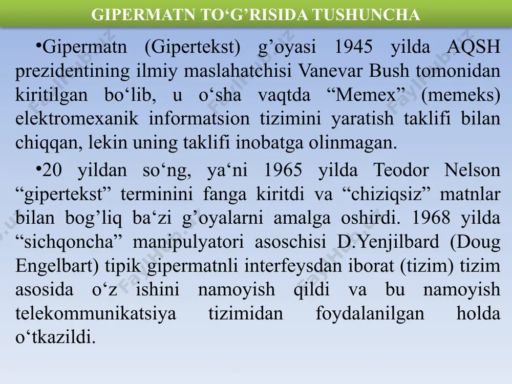 ab chikildi va u netscape korporatsiyasiga o‘tib netscape brauzerini ishlab chiqdi. 90 yillar o‘rtalarida internet biznes-ishlovlar bilan ishlash uchun qo‘llanila boshlandi. biroq, bu borada turli muammolar: tarmoq; kanallarini ortiqcha yo‘qlash va axborotni ximoyalash mavjud edi. gipermatnli informatsion tizim g’oyasining shunisi ahamiyatliki , bunda foydalanuvchi dokumentlarni (ma‘lumotlarni) kitob o‘qishdagidek ketma-ketlikda emas, balki o‘ziga yoqqan tarzda ko‘rib chiqishi mumkin. shuning uchun ham t. nelson gipermatnni chiziqsiz matn sifatida talqin etdi. bunga matnlarning turli sahifalarini bog’lovchi maxsus mexanizm gipermatnli sslkalar yordamida erishiladi, ya‘ni oddiy matnda “keyingisi-avvalgisi” tarzidagi sslkalar mavjud bo‘ladi, gipermatnlarda bo‘lsa qancha kerak bo‘lsa shuncha sslkalar tuziladi. mutaxassislarning gipermatn bo‘yicha eng yoqtirgan misollariga entsiklopediyalar, “help” tizimsi kabilar kiradi. birinchi ko‘rinishda oddiy tuyuladigan sslkalar yaratish mexanizmi yetarlicha qiyin hisoblanadi, chunki statistik sslkalar, dinamik sslkalarni dokument bilan bir butunlikda yoki uning alohida qismlari bilan, ya‘ni kontekst sslkalar tuzish mushkul. bunday yondashishning keyingi rivoji gipermatn tushunchasining boshqa informatsion resurslar hisobiga- grafikani, audio va videoinformatsiyadan gipermedia …