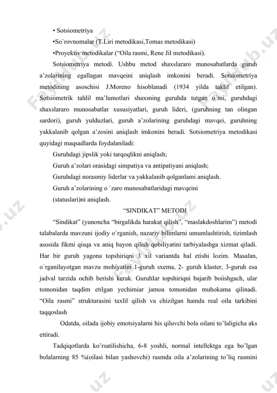 javobi beriladi - masalan, “joy qolmagani uchun chizmadim”. ba’zida esa ochiqdan- ochiq “chizgim kelmadi, chunki u men bilan urishadi”. ba’zan real o’ila a’zolari o’rniga bola biror hayvoncha, qushcha rasmini chizishi mumkin. bunda psixolog uchun bola ular bilan kimni identifikatsiya qilayotganligi muhim”. ba’zi rasmlarda bola o’z rasmini chizmaydi yoki oilasi o’rniga faqat o’zini aks ettiradi. bu bolaning o’zini oila tarkibiga qo’shmasligidan, oilada hamjihatlik mavjud emasligidan dalolat beradi. rasmda “men” ning mavjud bo’lmasligi qabul qilinmaslik, rad etilish hissini boshidan kechirayotgan bolalar uchun xarakterli. oila tarkibining kattalashtirilishi ham bizga ba’zi ma’lumotlar berishi mumkin. odatda bu psixologik ehtiyojlarning qondirilmaganligi bilan bog’liq. oilada yolg’iz farzand bo’lsa, affiliyatsiya ehtiyojlari qondirilmasa, qarindosh yoki qo’shni bolalar yoki ba’zida kuchukcha, mushukcha rasmini aks ettirishi mumkin. oila a’zolarining joylashishi rasmda oila a’zolarining joylashishi oiladagi o’zaro munosabatlarning psixologik xususiyatlaridan darak berishi mumkin. oilaning jipsligi, oila a’zolari bir-birlari bilan qo’l ushlashib turishi, umumfaoliyat bilan birlashuvi oilaning normal psixologik muxiti ko’rsatkichi hisoblanadi. bunga …