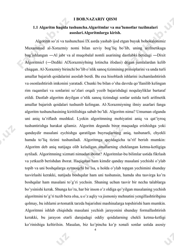 malar ketma-ketligi shaklida ifodalash mumkin. algoritmning bu xossasi yuqorida keltirilgan hamma misollarda yaqqol ko’rinib turibdi. agar kuzatilayotgan jarayonni chekli qadamlardan iborat qilib bo’laklay olmasak, u xolda uni algoritm deb bo’lmaydi. tushunarlilik. algoritmning ijrochisi hamma vaqt inson bo’lavermaydi. choy damlashni yoki boshqa ishlarni bajarishni faqat odanga emas, balki robotga ham buyurish mumkin. ijrochiga tavsiya etilayotgan ko’rsatmalar uning uchun tushunarli bo’lish kerak, aks holda ijrochi oddiygina amalni ham bajara olmaydi. aniqlik. ijrochiga berilayotgan ko’rsatmalar aniq mazmunda bo’lishi kerak. chunki, ko’rsatmadagi noaniqliklar mo’ljaldagi maqsadga erishishga olib kelmaydi. ko’rsatmalarning qaysi ketma-ketlikda bajarilishi ham ahamiyatga ega. dyemak, ko’rsatmalar aniq berilishi va faqat algoritmda ko’rsatilgan tartibda bajarilishi shart ekan. ommaviylik. har bir algoritm mazmuniga ko’ra bir turdagi masalalarning barchasi uchun ham o’rinli bo’lishi kerak. masaladagi boshlang’ich ma’lumotlar qanday bo’lishidan qat’iy nazar algoritm shu hildagi har qanday masalani yechishga yaroqlidir. masalan, ikki oddiy kasrning umumiy mahrajini topish algoritmi, kasrlarni turlicha o’zgartirib berilganda ham ularning umumiy mahrajlarini aniqlab …
