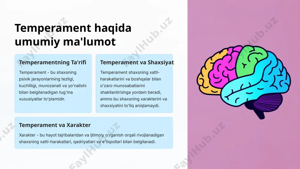 raxbarlik xoleriklar o'zlarining faolligi va g'oyalarga boyligi tufayli rahbarlik rollarida muvaffaqiyatli bo'lishlari mumkin. 2 jamoa ishi sangviniklar o'zlarining ijtimoiyligi va jamoatchilligi tufayli jamoa ishlarida samarali bo'lishlari mumkin. 3 tadqiqot flegmatiklar o'zlarining sabr-toqatliligi va xotirjamligi tufayli tadqiqot ishlarida muvaffaqiyatli bo'lishlari mumkin. 4 san'at melanxoliklar o'zlarining mulohazakorligi va chuqur hissiyligi tufayli san'at sohasida muvaffaqiyatli bo'lishlari mumkin. 11 temperament va shaxsiy rivojlanish temperament shaxsning rivojlanishiga ta'sir qiladi, u o'zini o'zi anglash va o'zaro munosabatlarda o'ziga xos xususiyatlarni shakllantiradi. temperamentga moslashuvchan bo'lish, o'ziga xos kuchli tomonlarni rivojlantirish va qiyinchiliklarni yengish uchun strategiyani o'rganish shaxsiy rivojlanishda muhim ahamiyatga ega. 12 temperament yoki tabiiy xususiyatlarni rivojlantirish yo'llari temperamentni o'zgartirish mumkin emas, ya'ni uni ijobiy yo'nalishda rivojlantirish mumkin. o'z-o'zini bilish o'zingizning temperamentingizni va uning ijobiy va salbiy tomonlarini chuqur tushunish sizga o'zingizni yaxshiroq boshqarishga yordam beradi. hissiy boshqarish his-tuyg'ularingizni boshqarish qobiliyatini rivojlantirish sizga temperamentning salbiy ta'sirini kamaytirishga yordam beradi. ijtimoiy ko'nikmalar o'zaro munosabatlarni o'rnatish va muloqot qilish …