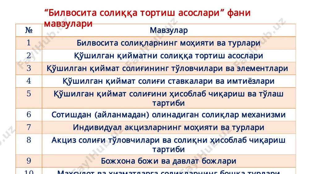 ўлиб, уларнинг юкини бошқага ўтказиш қийинроқ кечади ёки умуман бошқага юклаб бўлмайди. тўғри солиққа тортишда пул муносабатлари бевосита давлат ва солиқ тўловчи ўртасида юзага келади тўғри солиқлар реал ва шахсий солиқларга ажратилади реал солиқлар мулкка эгалик қилиш, уни сотиш ёки сотиб олишда ундирилиб, солиқ тўловчининг молиявий имкониятлари ҳисобга олинмайди шахсий солиқлар солиқ тўловчининг молиявий ҳолати ва тўлов қобилиятини ҳисобга олган ҳолда, даромадларнинг тўлов манбаида ёки декларация бўйича ундирилади назарий талқин эгри солиқлар юкини осон ўтказиш мумкин бўлган солиқлар бўлиб, улар товар (иш, хизмат) нархига устама шаклида реализация жараёнида истеъмолчидан ундириб олинади. эгри солиққа тортишда солиқ субъекти товарнинг сотувчиси бўлиб, у давлат ва солиқнинг ҳақиқий тўловчиси (истеъмолчи) ўртасида воситачи сифатида майдонга чиқади эгри солиқлар акцизлар давлат фискал монополияси (квазифискал солиқлар) оммавий истеъмол маҳсулотларини и/ч ва сотишга давлат монополияси божхона божлари универсал акцизлар асосан товарлар импортига қўлланади индивидуал акцизлар билвосита солиққа тортишга назарий қарашлар билвосита солиққа тортишга назарий қарашлар солиқларнинг давлат ғазнасига …