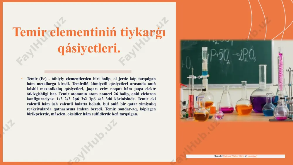 tiw hám qorshaǵan ortalıqqa tásirin azaytadı. biraq, temir islep shıǵarıw hám qayta islew procesleri ekologiyalıq mashqalalardı keltirip shıǵarıwı múmkin. bul mashqalalardı sheshiw ushın innovaciyalıq texnologiyalar hám nátiyjeli basqarıw ilajları talap etiledi. photo by annie spratt on unsplash what to show in a mockup 01 02 03 temir hám ekonomika temirdiń ekonomikalıq áhmiyeti júdá úlken. ol qurılıs, transport hám óndiris tarawlarında keńnen qollanıladı, bul bolsa ekonomikalıq rawajlanıw ushın áhmietli. temir bahaları bazar ekonomikasına sezilerli tásir kórsetedi. bahalardıń ózgeriwi tutınıwshılardıń satıp alıw qábiletine hám sanaattıń rentabelligine tásir etedi. temir sanaatı ekonomikalıq ósiw menen tıǵız baylanıslı. sanaattıń rawajlanıwı hám jańa jumıs orınların jaratıw ekonomikalıq turaqlılıqtı támiyinleydi. keleshekte temir sanaatın bunnan bılay da rawajlandırıw ushın zamanagóy texnologiyalardı engiziw hám xalıqaralıq bazarlar menen birge islesiwdi kúsheytiw zárúr. viii topar elementleriniń ximiyalıq reaktivligi ximiyalıq reaktivlik - bul zatlardıń basqa zatlarģa tásir etiw qábileti. viii topar elementleri, tiykarınan, inert gazler sipatında belgili bolip, olar ximiyalıq reaktivligi jaģınan …