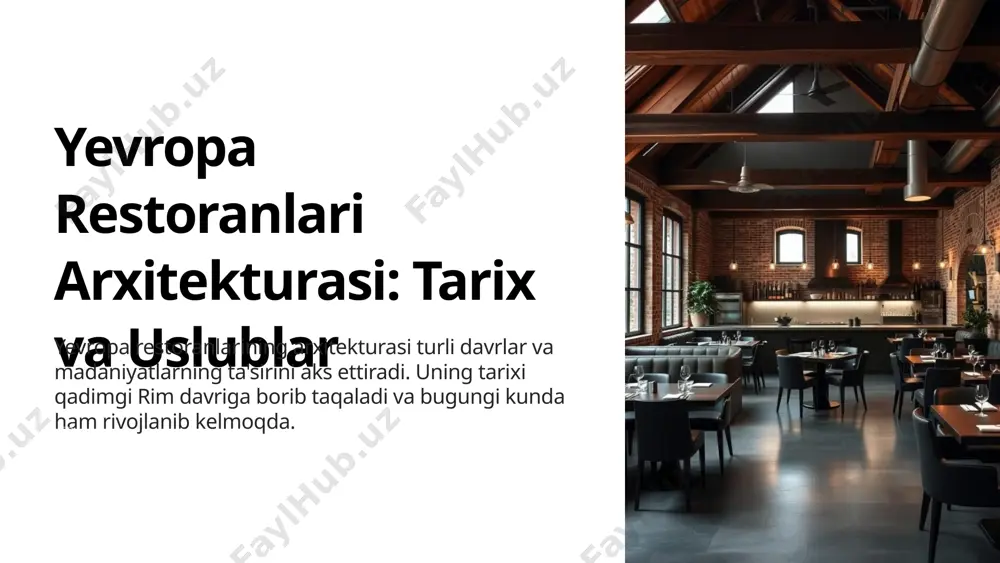 energiya tejaydigan jihozlar va chiqindilarni qayta ishlash tizimlaridan foydalanadilar. shaxsiylashtirish har bir restoran o'ziga xos uslub va muhitni yaratishga harakat qiladi, o'ziga xos xizmat va atmosferani taqdim etadi. 11 turli millatlarning ta'siri frantsuz hashamatli va romantik italyan yengil va quvnoq ispan qizg'in va rang-barang germaniya an'anaviy va qulay 12 zamonaviy trendlar ochiq oshxonalar ochiq oshxonalar mijozlarga taom tayyorlanish jarayonini kuzatish imkonini beradi va restoranning shaffofligini ta'kidlaydi. jamoa stollari jamoa stollari mijozlarga o'zaro suhbatlashish va birgalikda ovqatlanish imkonini beradi, bu esa restoranning ijtimoiy muhitini kuchaytiradi. 13 kelajakda nima kutish mumkin? yevropa restoranlari arxitekturasi doimo rivojlanib bormoqda. kelajakda biz texnologiya va innovatsiyalarning ta'siri, davomiylikka e'tibor va shaxsiylashtirishning oshishi kabi yangi trendlarni kuzatish mumkin. 14 e’tiboringiz uchun rahmat ! image1.png image2.png image3.png image4.png image5.png image6.png image7.png image8.png image9.png image10.png image11.png image12.png image13.png image14.png image15.png image16.png image17.png image18.png image19.png