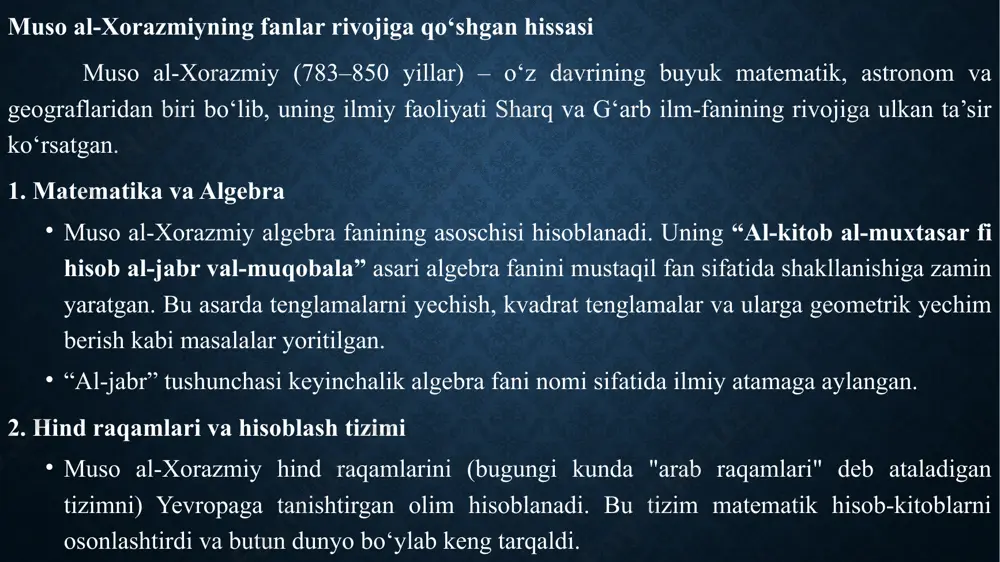 n makarenko: jamoada tarbiyalash metodikasini ishlab chiqqan. vygotskiy: "yaqin rivojlanish zonasi" nazariyasini ilgari surgan va bolaning psixologik rivojlanishini o‘rgangan. maria montessori: bola shaxsini hurmat qilish va uning mustaqil faoliyatini rag‘batlantirish metodikasini yaratgan. yj pedagogika insoniyat tarixining barcha bosqichlarida ta’lim va tarbiya masalalarini o‘rganuvchi, insonni komil shaxs sifatida shakllantirish maqsadida rivojlangan fan hisoblanadi. pedagogika fani tarixi uzoq tarixiy jarayonni o‘z ichiga oladi va quyidagi bosqichlarda rivojlangan: 1.qadimgi davr pedagogikasi qadimgi davrda pedagogik g‘oyalar asosan jamiyatning amaliy ehtiyojlari va diniy qarashlari bilan bog‘liq holda shakllangan. sharq mamlakatlari (xitoy, hindiston, misr, bobil): konfutsiy (miloddan avvalgi vi-v asr): insonparvarlik va axloqiy tarbiyani ta’limning asosiy maqsadi deb hisoblagan. hind vedalari va upanishadlari: ma’naviy poklanish va diniy ta’lim markaziy o‘rinni egallagan. jahon pedagogika fanining taraqqiyot bosqichlari qadimgi yunoniston: sokrat: savol-javob metodi orqali insonni mustaqil fikrlashga undagan. platon: ta’limni insonni komil shaxs sifatida tarbiyalashning vositasi deb hisoblagan. aristotel: ilmiy va amaliy bilimlarni uyg‘unlashtirish, bolalarning yosh va qobiliyatlarini …