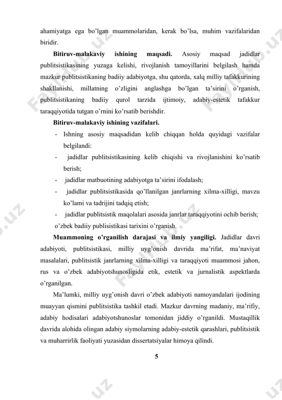 aqqiyot bosqichlarini belgilashda asos bo’ladigan badiiy-estetik qonuniyatlarni ochishda ham muhim amaliy ahamiyatga ega. mazkur bitiruv malakaviy ish litsey, kollej o’quvchilari jadid adabiyoti haqida dars o’tishda hamda ma’ruza, referat, kurs ishlari yozishda foydalanish mumkin. i bob. jadid publitsistikasi va uning taraqqiyoti 1.1. jadidlar publitsistikasining tadriji jadid matbuotchiligi 1905-yildan keyin ma’lum erkinliklar samarasi sifatida maydonga keldi. biroq unda: turkistondagi mavjud o’zbekcha nashr – “turkiston viloyatining gazeti”; usmonli turk, kavkaz, volgabo’yi matbuotchiligining ham roli katta bo’ldi . o’zbekistonda chinakam milliy matbuotning yuzaga kelishi “taraqqiy” gazetasi bilan ham bog’liq. bu jadidlar chiqargan ilk gazeta edi. “taraqqiy” dastlabki sonlaridanoq mahalliy aholiga rossiya imperiyasining mohiyatini, milliy zulm, mustabidlik nima ekanligini, erk, ozodlik qanchalik buyuk ne’matligini anglatishga harakat qiladi. gazeta muharriri ismoil obidiy bilimdon va aqlli inson bo’lganidan tahririyat ishini puxtalik bilan boshqarib bordi. mustabidlarni “hurkitib yubormaslik” uchun gazetaning oxirgi – to’rtinchi sahifasida o’z maslagini pardaliroq qilib bildiradi (an’anaga ko’ra, “maqsad va maslagimiz” sarlavhali maqola berilishi kerak …