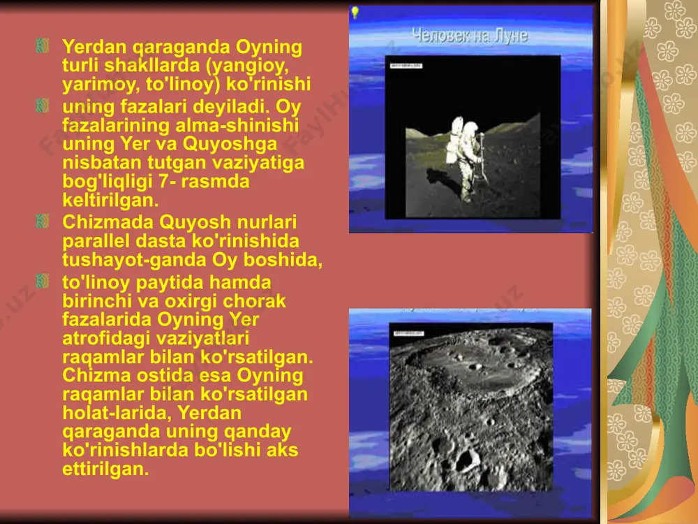 ishlari boshqa joylarda kuzatiladi. bu davrga saros deyiladi. tutilish shartlari, oy orbitasini ekliptikaga nisbatan qiyaligi, oy va quyoshning ko’rinma diametrlari (ular paralakslari), oy orbitasi tugunlarini harakati va boshqa ko’p sabablarga boqliq bo’ladi. oy soyasi esa ketma – ket yerning turli joylariga ko’chadi. oyning yarim soyasi tushgan yerning sohalaridan esa quyoshning qisman tutilishi vujudga keladi. agar quyosh tutilishi paytida oy apogeyda bo’lsa, halqa shaklidagi tutilishni hosil qiladi, chunki bu holda oy quyoshdan kichikdir. oy tomonidan yer yuzida chizadigan soya polosaning kengligi tor bo’lib, natijada har qanday bunday joydan quyosh tutilishi oy tutilishiga ko’ra kam ko’rinsa, yer uchun bo’lsa buning aksidir. image1.wmf image2.png image6.jpeg image7.jpeg image8.jpeg image9.jpeg image10.png image11.jpeg image12.jpeg image13.jpeg image14.jpeg image15.jpeg image16.jpeg image17.jpeg image18.jpeg image19.jpeg image20.jpeg image21.jpeg image22.jpeg image23.jpeg image24.jpeg image25.jpeg image26.jpeg image27.jpeg image28.jpeg image29.jpeg image30.jpeg image3.png image4.png image5.png