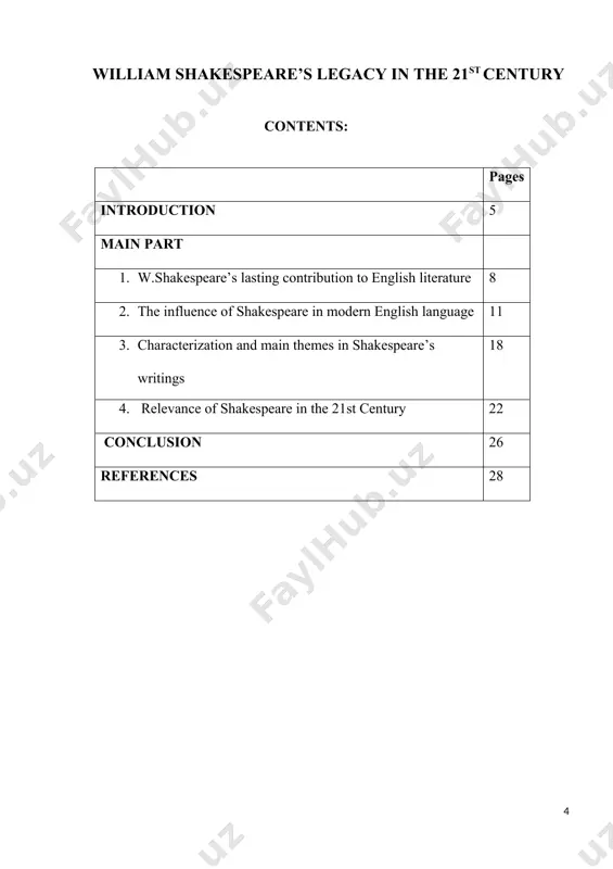 s to learn deeply the contribution of william shakespeare to english literature. to reach the aim i put forward the following tasks: · to study the biography of william shakespeare · to investigate shakespeare’s contribution to english literature · to analyse the writings of william shakespeare · to consider the importance of shakespeare’s heritage in today’s era the subject of my course paper is william shakespeare’s legacy in the 20th century. the object of my course paper is all works, including tragedies, comedies, poems written by william shakespeare. the course paper includes introduction, 4 chapters, conclusion and list of references. the main part includes detailed information about shakespeare’s contribution to english literature as well as language itself. i did a research about what he did to shape the language we use today and i am little bit amazed to know the fact that some phrases, which is commonly used today, …