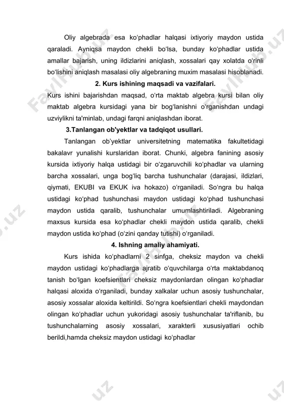deyiladi, k  n bo‘lgan holda xk oldidagi koeffitsiyent nolga teng deb hisoblanadi. ko‘phadlar belgilanadi. f (x), g(x),... kabi ta'rif. agar f1 (x) ko‘phadning barcha koeffitsiyentlari f2 (x) ko‘phadning barcha koeffitsiyentlariga mos ravishda teng bo‘lsa, ya'ni bu yerdagi a0 , a1 ,, an   , b0 , b1 ,, bm   а  b  а  b  а  b   аi  bi ..., bo‘lsa, u holda yoziladi. f1 (x) va f2 (x) ko‘phadlar teng deyiladi va f1 (x) q f2 (x) kabi (2) va (3) formulalar orqali berilgan f1 (x) va f2 (x) ko‘phadlar uchun ( k ) ( k )ularning yig‘indisi, ayirmasi va ko‘paytmasini quyidagicha aniqlanadi: a) ( 0 ) ( 0 ) ( 1 ) ( 1 ) ( 2 ) ( 2 ) ( k ) ( k )f1 (x)  f 2 (x)  (a0  b0 )  …