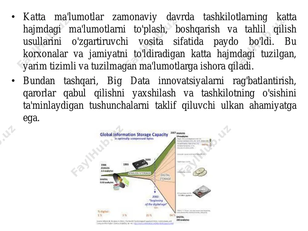 llarni o'z ichiga oladi. yutish ma'lumotlarning real vaqt rejimida oqimni, ma'lumotlarni muntazam ravishda ommaviy qayta ishlashni yoki ikkalasining kombinatsiyasini o'z ichiga olishi mumkin. u olingan ma'lumotlarning aniqligi va keyingi bosqichlarda foydalanishga yaroqli bo'lishini ta'minlash uchun ma'lumotlarni olish, ma'lumotlarni tozalash va ma'lumotlarni o'zgartirish kabi tadbirlarni o'z ichiga oladi. • saqlash (save) saqlash katta hajmdagi ma'lumotlarni saqlash va boshqarishni o'z ichiga olgan big data infratuzilmasining muhim tarkibiy qismidir. katta ma'lumotlar ekotizimida yaratilgan ma'lumotlarning ulkan hajmini hisobga olgan holda, an'anaviy saqlash tizimlari ma'lumotlarning miqyosi va murakkabligini boshqarishga qodir bo'lmasligi mumkin. katta ma'lumotlarni saqlash yechimlari ko'pincha taqsimlangan fayl tizimlari yoki nosql ma'lumotlar bazalaridan foydalanadi, ular masshtablilik, xatolarga chidamlilik va ma'lumotlarni samarali qidirishni ta'minlaydi. ushbu saqlash tizimlari ma'lumotlarning yaxlitligi va mustahkamligini ta'minlagan holda big data tezligi, hajmi va xilma-xilligini boshqarish uchun mo'ljallangan. tahlil(analysis) tahlil katta ma'lumotlarning asosiy tarkibiy qismi bo'lib, ma'lumotlardan mazmunli tushunchalar va qimmatli ma'lumotlarni olishga qaratilgan. bu ma'lumotlar ichida yashiringan naqshlar, tendentsiyalar, korrelyatsiyalar …
