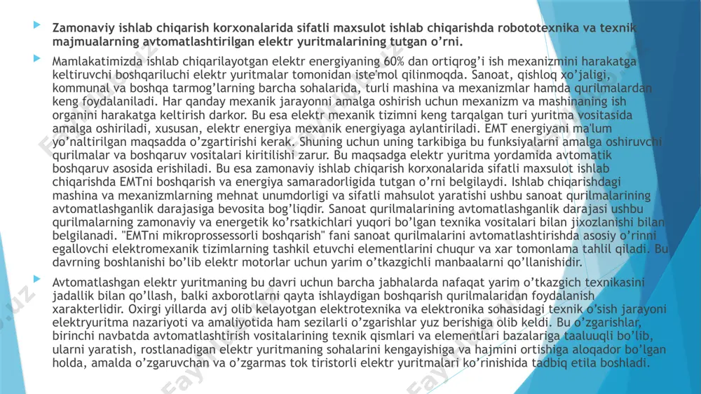 lmalarini avtomatlashtirishda asosiy o’rinni egallovchi elektromexanik tizimlarning tashkil etuvchi elementlarini chuqur va xar tomonlama tahlil qiladi. bu davrning boshlanishi bo’lib elektr motorlar uchun yarim o’tkazgichli manbaalarni qo’llanishidir. avtomatlashgan elektr yuritmaning bu davri uchun barcha jabhalarda nafaqat yarim o’tkazgich texnikasini jadallik bilan qo’llash, balki axborotlarni qayta ishlaydigan boshqarish qurilmalaridan foydalanish xarakterlidir. oxirgi yillarda avj olib kelayotgan elektrotexnika va elektronika sohasidagi texnik o’sish jarayoni elektryuritma nazariyoti va amaliyotida ham sezilarli o’zgarishlar yuz berishiga olib keldi. bu o’zgarishlar, birinchi navbatda avtomatlashtirish vositalarining texnik qismlari va elementlari bazalariga taaluuqli bo’lib, ularni yaratish, rostlanadigan elektr yuritmaning sohalarini kengayishiga va hajmini ortishiga aloqador bo’lgan holda, amalda o’zgaruvchan va o’zgarmas tok tiristorli elektr yuritmalari ko’rinishida tadbiq etila boshladi. etiboringiz uchun rahmat /docprops/thumbnail.jpeg