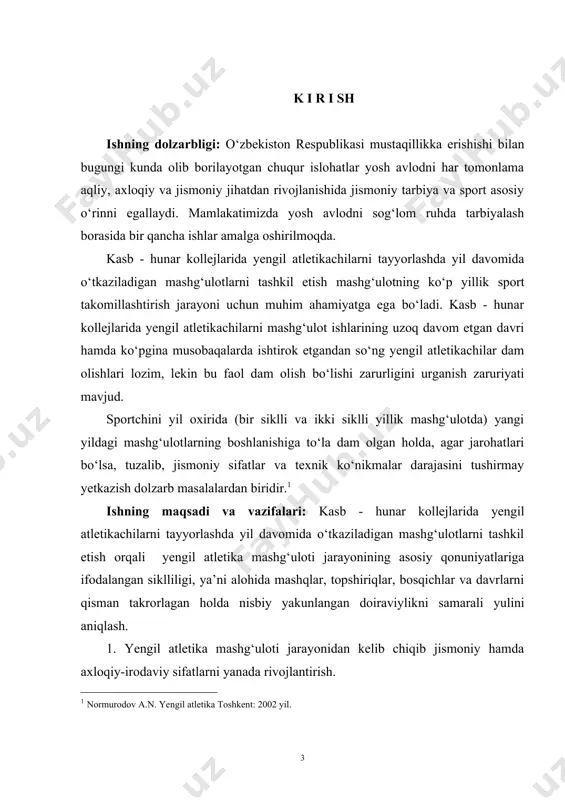 yorlashda o‘tkaziladigan mashg‘uotlni tashkil qilishda asosn yillik mashg‘ulotni tashkil etishning uchta asosiy varianti qo‘llanilishini mashg’lotlar jarayonida kuzatildi. qarshi olimpiya zahiralari kolleji. ishning ilmiy yangiligi: 1. yengil atletika texnikani о‘rganish va uni takomillashtirildi. 2. yengil atletika tezkorlikni (tezlikni) rivojlantirish yoki texnikani takomillashtirish usullari tavsiya etildi. 3. yengil atletika chidamlilik va kuchni rivojlantirish umumiy ish qobiliyatini oshirish yoki mashqlanganlik darajasini saqlash yoki faol dam olish yо‘llari ishlab chiqildi. ishning ahamiyati: olingan natijalarni pedagogika va psixologiya sohalarining fundamental asoslariga amal qilinganligi; tavsiya etilayotgan ilmiy-pedagogik ishlanmalarning metodologik asoslanganligi; ish maqsadi va vazifalariga mos keluvchi ilmiy zamonaviy metodlar qо‘llanilganligida о‘z ifodasini topgan. i.bob. kasb - hunar kollejlarida yengil atletikachilarni tayyorlashda o‘tkaziladigan mashg‘ulotlarni tashkil qilish 1.1. kasb - hunar kollejlarida мashg‘ulotni tashkil etishning tiplarini qо‘llanilishi. kasb - hunar kollejlarida мashg‘ulotni tashkil etishda hozirgi vaqtda yillik mashg‘ulotni tashkil etishning uchta asosiy varianti qо‘llaniladi (1-rasm). birinchi variantda yilni mashg‘ulotning bitta katta sikli (makro-sikl) tashkil etadi va u 3 …