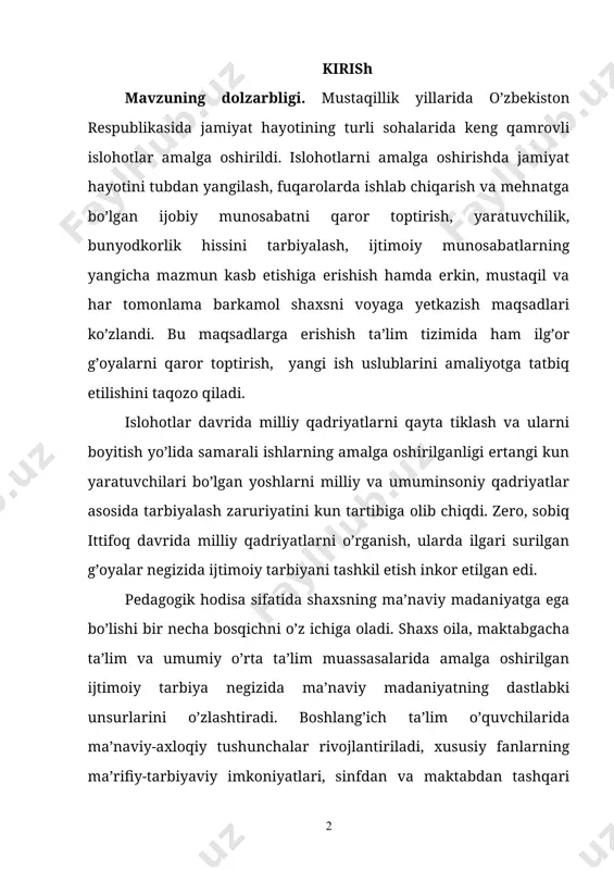 roitda uyushtiriluvchi ma’naviy-ma’rifiy tadbirlarning tarbiyaviy ta’siri, shuningdek, boshlang’ich sinf o’quvchilarining shaxs sifatida kamolga yetishiga ta’sir etuvchi ijobiy mazmunga ega ijtimoiy omillardan samarali foydalanish bu borada kutilgan natijalarni qo’lga kiritishga imkon beradi. ma’naviy madaniyatga ega shaxsning muqobili sifatida qo’llaniluvchi “komil inson” masalasi eng qadimgi yozma yodgorliklardan biri “avesto” da markaziy o’rin egallagan. zardushtiylik g’oyalariga ko’ra ezgu fikr, ezgu so’z va ezgu ish birligidan iborat axloqiy uchlik komil inson ma’naviyatining asosi sanalgan. islom ta’limoti da esa inson ma’naviyati uning ruhan yetukligi, o’y-fikrlari, xatti-harakatlari va faoliyatida “yaxshilik”, “ezgulik” yoki “savob” tushunchalarining ustuvorligi bilan belgilangan bo’lib, o’z xohish-istaklaridan ko’ra atrofdagilarning manfaatlari uchun xizmat qilish, ularga yordam berishga intiluvchilar komil inson sifatida e’tirof etilgan. tadqiqot maqsadi: «avesto»dagi ma’naviy-axloqiy tarbiya masalalarining boshlang’ich ta’lim-tarbiya jarayonidagi o’rni va ahamiyatini o’rganish, tahlil qilish. tadqiqot obyekti: «avesto» orqali ma’naviy-axloqiy tarbiyani amalga oshirish jarayoni tadqiqot predmeti: «avesto»dagi ma’naviy-axloqiy tarbiya masalalari va boshlang’ich ta’limdagi o’rni tadqiqot vazifalari: 1. tadqiqot mavzusiga doir ijtimoiy-falsafiy, …