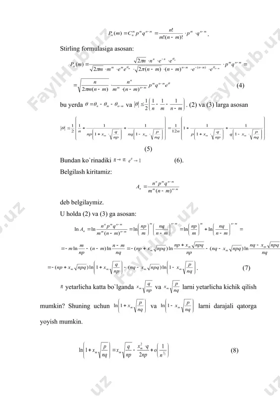 (6). belgilash kiritamiz: deb belgilaymiz. u holda (2) va (3) ga asosan: embed equation.3 . (7) yetarlicha katta bo`lganda va larni yetarlicha kichik qilish mumkin? shuning uchun va larni darajali qatorga yoyish mumkin. (8) (9) (8) va (9) larga asosan (7) ni quyidagicha yozish mumkin: embed equation.3 embed equation.3 bo`lgani uchun da (10) (2) va (3) larni hisobga olsak, , (11) va da (12) (6), (10), (11), (12) larni hisobga olsak (4) dan teoremaning isboti kelib chiqadi. masalalar yechishda qulaylik tug`dirish uchun funksiya uchun jadval tuzilgan. bu jadval faqat argumentning manfiy bo`lmagan qiymatlari uchun tuzilgan. juft bo`lgani uchun ning manfiy qiymatlari uchun ham shu jadvaldan foydalanish mumkin. masalalar yechiashda quyidagi taqribiy formuladan foydalaniladi: (13) endi oldingi ma`ruza oxirida keltirilgan masalani (13) formuladan foydalanib yechamiz. masala shartiga ko`ra: , , , . ; . demak, . muavr-laplasning lokal teoremasidan foydalanmasdan o`tkazilgan aniq hisolashlar ekanligini ko`rsatadi. taqribiy va aniq qiymat orasidagi farq …