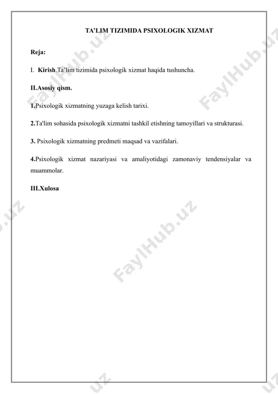 rligi binega umumiy dastur bo‘yicha o‘qiy olmaydigan bolalarni tekshirish muammosi bilan murojaat qiladi va shu tariqa aqliy rivojlanishda orqada qolgan bolalarni o‘rganadigan bine-simon testi yaratildi. 1909- yilda fransiyada maktab psixologik xizmati tashkil etiladi. 1970- yilda fransiyada psixologik-pedagogik yordam guruhlari psixologik xizmatning asosiy turini tashkil etadi. bunday guruhlar maktab psixologiyasi, ta’lim psixologiyasi va psixomotor rivojlanish bo‘yicha bittadan mutaxassisni o‘z ichiga oladi. guruh 800-1000 o‘quvchiga xizmat qiladi, bir maktabda joylashib, bir necha maktabga xizmat qilishi mumkin. sobiq sovet psixologiyasida bolalar tarbiyasi va ta’limida psixologiyadan foydalanish borasida urinishlar 490 pedologiya doirasida vujudga keldi. pedologiya rivojlanayotgan va o‘sayotgan shaxsning barcha biologik va ijtimoiy xususiyatlarini qamrab oluvchi fandir. 1936-yilda pedologik qarashlarni to‘xtatish haqida qaror qabul qilindi, shu bilan birga rus psixologlari amalga oshirayotgan bola psixologiyasidagi ijobiy izlanishlar ham to‘xtab qoldi. faqat 1960-yillarning oxiriga kelib, psixologlarning maktab ishida amaliy ishtirok etishi qayta tiklandi. 1984-yilda moskvada “psixologik xizmat muammolari bo‘yicha i umumittifoq anjumani” bo‘lib o‘tdi. anjumanda maktabda …