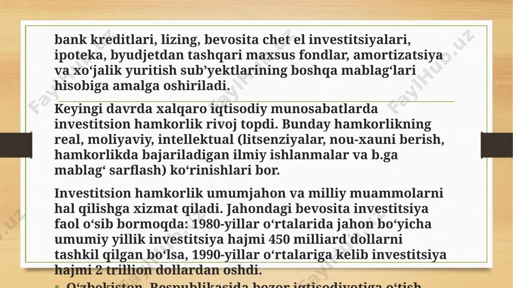 ,1 mln dollarni to‘g‘ridan-to‘g‘ri xorijiy investitsiyalar tashkil etadi. loyihalar zamonaviy issiqxonalar qurish (204,7 mln dollarlik 62 ta loyiha), qurilish materiallari ishlab chiqarish (140 mln dollarlik 18 ta loyiha), kimyo va neft-kimyo sanoati (50,6 mln dollarlik 13 ta loyiha), oziq-ovqat sanoati (15,9 mln dollarlik 10 ta loyiha), to‘qimachilik sanoati (20,1 mln dollarlik 8 ta loyiha), mashinasozlik (6 mln dollarlik 2 ta loyiha), charm-poyabbzal sanoati (14,9 mln dollarlik 5 ta loyiha), elektrotexnika sanoati ( 13,7 mln dollarlik 3 ta loyiha), farmatsevtika sanoati (56,3 mln dollarlik 6 ta loyiha), mebel va qog‘oz ishlab chiqarish (1,1 mln dollarlik 1 ta loyiha) kabi sohalarni qamrab oldi. erkin iqtisodiy zonalar rivojlanishini tartibga soluvchi meʼyoriy-huquqiy bazani takomillashtirish bo‘yicha keng ko‘lamli ishlar olib borildi. xususan, “maxsus iqtisodiy zonalar to‘g‘risida”gi o‘zbekiston respublikasi qonuni qabul qilindi. hujjat bilan eizlarni yaratish, ular faoliyat ko‘rsatishining muddatini uzaytirish va tugatish, chegaralarini o‘zgartirish tartibi belgilandi hamda ularni boshqarish tizimi, o‘z hududida joylashtirish uchun investitsiya …