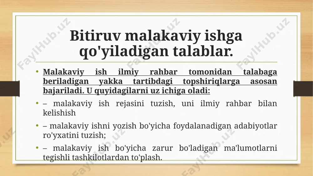 yonni yanada faollashtirish borasida qisqa, aniq va lo'nda fikrini muxtasar shaklda bayon qiladi. bitiruv malakaviy ishda xulosaning hajmi a4 format varaqda kamida 3 bet ko'pi bilan 6 bet bo'lishi mumkin. xulosadan keyin foydalanilgan adabiyotlar ro'yxati keltiriladi. foydalanilgan adabiyotlar va manbalar ro'yxati: bitiruv malakaviy ish muallifi tomonidan foydalanilgan barcha rasmiy hujjatlar, ilmiy manbalar, statistik va tahliliy materiallar, shuningdek, ilmiy maqola va tezislar to'plamidan tashkil topadi. adabiyotlar va ulardan foydalanish tartibi alohida qismda keltirilgan. ilovada: asosiy matnni o'qishni qiyinlashtiradigan va mavzuni yoritish uchun to'liq foydalanilmaydigan ma'lumotlar, jadvallar, grafiklar, rasmiy hujjatlar nusxalari, diagrammalar keltiriladi va belgilangan tartibda ketma-ketlik asosida raqamlab chiqiladi. sodda ko‘rinishdagi reja namunalari: mavzu: mustaqillik – xalqimizning asriy orzusi reja: 1. ozodlik va erk uchun kurash – ona xalqimiz jasorati. 2. mustaqillik muborak, ona o‘zbekistonim! 3. istiqlol va istiqbol – mushtarak tushunchalar. murakkab ko‘rinishdagi reja namunalari: mavzu: “alisher navoiy lirikasida insonparvarlik va adolatning ulug’lanishi” reja: i. kirish. alisher navoiy lirikasining umumiy …