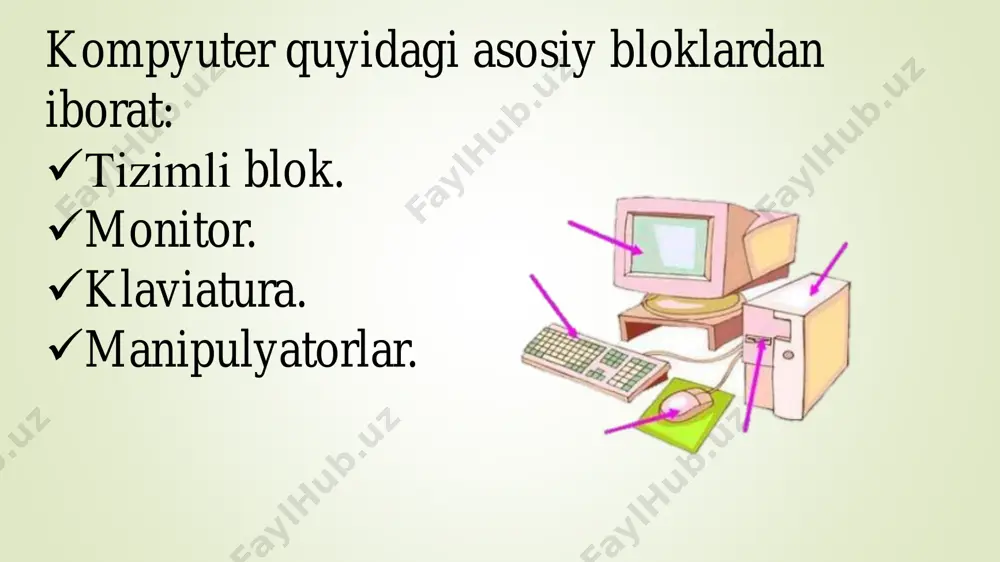 sozlash uchun dasturlarni, ya‘ni mikrodasturlarni doimiy ravishda saqlovchi qurilma. bunday mikrodasturlar to‘ plami bios (kiritish chiqarishning bazaviy (asosiy) tizimi) deb ataladi. bios asosiy platada mikrosxema ko‘rinishida joylashtiriladi. doimiy xotira (inglizcha rom, read only memor y– faqat o‘qish uchun mo‘ljallangan xotira) – kuchlanish manbaiga bog‘ liq bo‘lmagan xotira bo‘lib, unda doimiy ravishda ma‘lumotlar saqlanadi. bunday ma‘lumotlar bios mikrosxemasi ishlab chiqilishida. unga tikib qo‘yiladi. doimiy xotiradan axborotni faqat o‘qish mumkin. cmos – bios mikrosxemasining qismi bo‘lib, u tizimli platadagi maxsus akkumulyatordan kuchlanish oladi. bunday xotirada kompyuter konf iguratsiyasi parametrlari (operativ xotira, vinchester turi, diskovodlar va shu kabilar) saqlanadi. uni ko‘pincha yarim doimiy xotira ham deb atashadi. chipset – tizimli plata arxitekturasi joylashtirilgan juda kata mikrosxemalar to‘plami. slotlar (shinalar) – kontroller va adapterlarni o‘ rnatish uchun ishlatiladi. bu boshqa mikrosxemalar joylashtirilgan yordamchi integral mikrosxemadir. ular kompyuterning ichki tuzilishini shakllantirish uchun maxsus ishlab chiqilgan; ba'zi ishlab chiquvchilar uni arxitekturasining ajralmas qismi sifatida joylashtiradilar. ular …