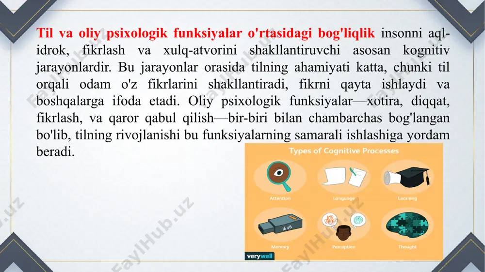 ab abstrakt fikrlarni qabul qilishni o'rganadilar. fikrlash jarayoni til bilan chambarchas bog'liqdir. fikrlash – bu ongli ravishda ma'lumotlarni qayta ishlash, tahlil qilish va qaror qabul qilish jarayoni bo'lib, til bu jarayonda muhim vosita hisoblanadi. noam chomskyning transformatsion grammatikasi va vygotskiyning nazariyasi bo'yicha, til va fikrlashning bog'liqligi quyidagi shakllarda ko'rinadi: chomskyning universal grammatikasi: chomsky fikriga ko'ra, insonda tilga oid genetik, biologik asos mavjud bo'lib, tilni o'rganish jarayoni fikrlashni shakllantiradi. tilning grammatik tuzilishi mantiqiy fikrlashni rivojlantirishda yordam beradi. vygotskiy va tilning kognitiv rivojlanishdagi roli: vygotskiy tilni ijtimoiy vosita sifatida qaradi. u tilni o'rganishning dastlabki bosqichlarini ijtimoiy ta'sirlar orqali tushuntirgan. vygotskiy fikricha, til fikrlash jarayonlarini strukturaviy jihatdan o'zgartiradi, ya'ni til yordamida odam o'z fikrlarini yoritadi va anglaydi. l.s. vygotskiy: vygotskiy, o'zining ijtimoiy-kognitiv nazariyasida til va fikrlashni bog'lashda tilning markaziy o'rnini ta'kidlagan. uning fikriga ko'ra, tilning dastlabki shakli tashqi, ijtimoiy yordamdan foydalanish orqali rivojlanadi. so'ngra, til ichki, ya'ni individual fikrlashni tartibga soluvchi vositaga aylanadi. …