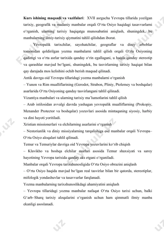 soniyat tarixida yozma manbalar paydo bo‘lib, ularda dunyo haqidagi ilk ilmiy va tarixiy qarashlar shakllangan davrdir. bu davrda yashagan yevropalik tarixchilar, geograflar va faylasuflar o‘z zamonalarining ilmiy tafakkuriga asoslanib, o‘zlaridan avvalgi va zamondoshlari bo‘lgan xalqlar, hududlar va voqealar haqida asarlar yozganlar. ular orasida o‘rta osiyo, uning xalqlari, tabiiy sharoiti, urf-odatlari va harbiy-siyosiy hayoti haqida muhim ma’lumotlar keltirilgan. qadimgi yunon tarixchilari o‘rta osiyoga nisbatan bevosita kuzatuvga emas, balki ikkilamchi ma’lumotlarga asoslanib yozgan bo‘lsalar-da, ularning asarlarida keltirilgan tasvirlar mintaqaning qadimiy tarixi uchun muhim manba bo‘lib xizmat qiladi. dastlabki yirik manba sifatida gerodotning miloddan avvalgi v asrda yozilgan “tarix” asarini ko‘rsatish mumkin. u asarda massagetlar va saklar haqida so‘z yuritadi. gerodot massagetlarni jangovar, erkin va ko‘chmanchi xalq sifatida tasvirlaydi. ularning kiyim-kechaklari, urf-odatlari va harbiy yurishlari haqida hikoya qiladi[footnoteref:1]. [1: unesco silk roads project. historical contacts between europe and central asia. — https://en.unesco.org/silkroad ] yunon geografi strabon o‘zining “geografiya” asarida o‘rta osiyodagi yerlar, iqlim …