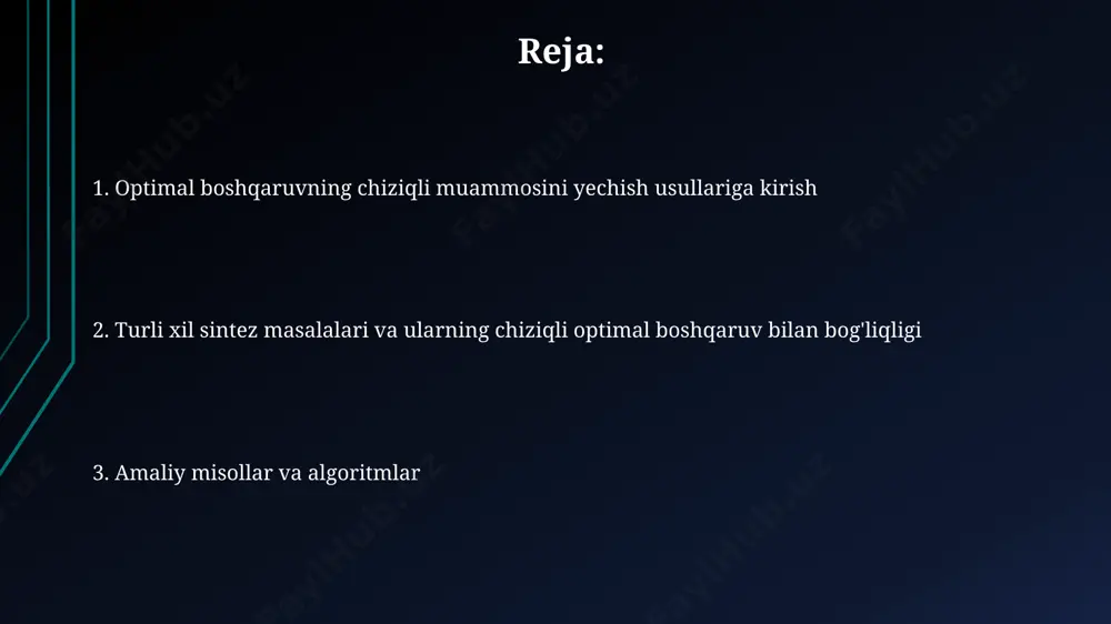 ri qo'llaniladi, bu esa 2n o'lchovli hamilton tizimini yechishga olib keladi (bu yerda n – holatlar soni). pontryagin maksimallik printsipi ushbu prinsip, boshqaruv signali u(t) ning fazosi bo'yicha hamilton funksiyasining maksimal qiymatini topishga imkon beradi, bu yerda t – vaqt, hamda ko'p o'zgaruvchili funksiyalarni o'z ichiga oladi. optimal boshqaruv muammosini yechishda, pontryagin maksimallik printsipi transversallık shartlari bilan birga qo'llaniladi va bu shartlar terminal holatlarining chegaraviy shartlariga bog'liq bo'lib, masalan, n ta o'zgaruvchini o'z ichiga oladi. yakunlash va optimallashtirish usullari optimallashtirishda ishlatiladigan funksiya va chegaralangan shartlarning soni va murakkabligiga qarab, hisoblash vaqti 1 sekunddan 1 soatgacha o'zgarib turadi. yakunlash usullarining 3 ta asosiy turi mavjud: gradient usuli, nyuton usuli va kvazi-nyuton usullari, ularning har biri turli xil muammolar uchun 10 -6 dan 10 -3 gacha aniqlikka erishish imkoniyatini beradi. dinamik dasturlash usuli bellman tenglamasi dinamik dasturlash usulining asosiy matematik asosi bo'lib, u optimal boshqaruv funktsiyasini topish uchun 2-tartibli yoki yuqori tartibli …