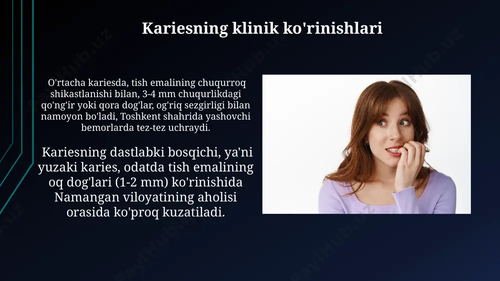 i. bu holat 8-10 yoshli toshkent shahridagi bolalarda tez-tez uchraydi va darhol davolanishni talab qiladi. kariesning sabablari kariyesning asosiy sabablaridan biri og'iz bo'shlig'ida streptococcus mutans kabi 500 dan ortiq turdagi bakteriyalarni ko'payishi hisoblanadi, bu bakteriyalar glyukoza va saharoza kabi shakarlarni kislotalarga aylantiradi. tishlar emalining ph darajasi 5,5 dan pastga tushganda demineralizatsiya jarayoni boshlanadi va bu kariyes rivojlanishiga olib keladi, bu jarayon tez-tez gazlangan ichimliklar iste'mol qilish natijasida tezlashadi. professional profilaktika choralari тошкент шаҳридаги 50 дан ортиқ стоматология клиникасида профессионал профилактика дастурлари, жумладан, 3d-диагностика ва фторланган гельлар билан муолажалар берилади. андижондаги болалар стоматологиясида 6 ёшгача болаларга профилактика тадбирлари, жумладан, фтор гельлари билан аппликациялар ва оғиз бўшлиғи гигиенаси бўйича 2 марталик ўқув машғулотлари ўтказилади. kariesni davolash usullari kariesning juda rivojlangan holatlarida, pulpa yallig'lanishi xavfi bo'lsa, 8-10 mm dan chuqurroq lezyonlarni toj va ildiz kanallarini tozalash bilan davolash, masalan, endodontik davolash, toshkentdagi ixtisoslashtirilgan klinikalarda o'tkaziladi. chuqur karieslar uchun 5-7 mm chuqurlikdagi shikastlanishlarni to'ldirish …