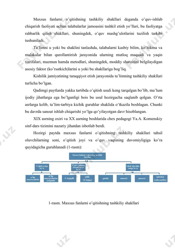nib, dars tuzilmasini maqbullashtirish; darsda barcha didaktik tamoyillarning maqbul nisbatini ta’minlash; ta’lim oluvchilarning qiziqishi, ehtiyojlari, moyilligini hisobga olgan holda yuqori samarali o’quv-bilish faoliyati uchun shart-sharoit yaratish; o’quv materialini mukammal o’zlashtirilishi uchun fanlararo aloqadorlikka amal qilish; ta’lim oluvchilar tomonidan ilgari o’zlashtirilgan bilimlar va ularning hayotiy tajribalariga tayangan holda ish ko’rish; ta’lim oluvchilarning barcha ijobiy jihatlarini rag’batlantirish, o’quv-bilish faoliyatini faollashtirish yo’li bilan rivojlantirishga erishish; darsning barcha bosqichlarida mantiqiy va his-tuyg’ularga asoslanish; didaktik materiallar va vositalardan samarali foydalanish; nazariy materialni amaliyot bilan uzviy bog’lab o’rganish; zarur bilim, ish-harakat, oqilona fikrlash va amaliy faoliyat ko’rsatish usullarini tarkib toptirish; ta’lim oluvchilarda uzluksiz ravishda o’qib-o’rganish, o’z bilimi va kasbiy mahoratini oshira borish malakasini shakllantirish; darslarni mukammal rejalashtirish natijalarini oldindan bashorat etish va tashxislash. maxsus fanlar bo’yicha zamonaviy darslarda bir-biri bilan uzviy bog’liq ta’lim, tarbiya va rivojlantiruvchi maqsadlarni uyg’unlashtirish bu sohadagi aniq maqsadlarni ham aniqlashtirib olishni talab etadi. maxsus fanlarni o’qitishda zamonaviy darslarga quyidagi didaktik talablar qo’yiladi: …