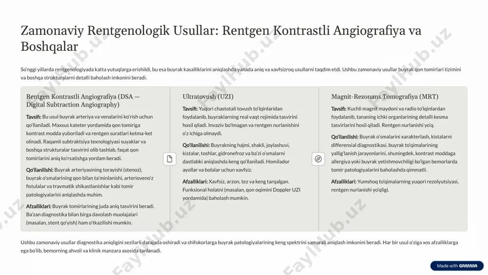 birlashtirgan ilg‘or diagnostika usulidir. bu usul tananing ichki tuzilmalarining batafsil, kesma tasvirlarini olish imkonini beradi, bu esa turli kasalliklarni aniqlashda juda qimmatlidir. ishlash prinsipi: rentgen nurlanishi: kt apparati rentgen trubkasi va detektorlar tizimidan iborat. rentgen trubkasi bemor atrofida aylanib, turli burchaklardan rentgen nurlarini yuboradi. nurlanishni qabul qilish: har bir detektor bemordan o‘tgan nurlanishni qabul qiladi. har bir to‘qima rentgen nurlarini turlicha yutadi (masalan, suyaklar ko‘proq, havo kamroq yutadi). ma’lumotlarni yig‘ish: minglab bunday ma’lumotlar yig‘ilib, kompyuterga uzatiladi. tasvirni qayta ishlash: kuchli kompyuter algoritmlari yig‘ilgan ma’lumotlarni qayta ishlaydi va tananing kesma (akssial) tasvirlarini hosil qiladi. bu tasvirlar keyinchalik uch o‘lchamli (3d) rekonstruksiyalar shaklida ham ko‘rsatilishi mumkin. afzalliklari: yuqori aniqlik: yumshoq to‘qimalarni, suyaklarni va qon tomirlarini juda batafsil ko‘rsatadi. tezlik: kt tekshiruvi bir necha soniya yoki daqiqa ichida yakunlanishi mumkin, bu shoshilinch holatlarda muhim. keng qo‘llanilish: buyraklardan tashqari, bosh miya, o‘pka, jigar, taloq va suyak sistemasini o‘rganishda ham keng qo‘llaniladi. 3d rekonstruksiya: olingan …