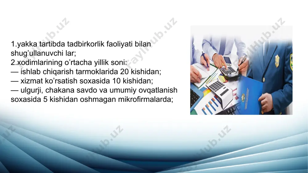 n – realizasiya qilingan tovar ulushida tovarlarni import qilishda to’langan bojxona to’lovlari so’mmasiga. kichik biznes subyektlari – mikrofirma va kichik korxonalar birinchi chorak, yarim yil va 9 oy yakunlari bo’yicha davlat soliq inspeksiyasiga hisobot choragining keyingi oyining 25-kunidan kechiktirmay, yil yakunlari bo’yicha esa – yillik moliyaviy hisobotni tag’dim etish muddatida aylanmadan olinadigan soliqto’lovi bo’yicha hisob-kitoblarni tag’dim etadilar. hisob-kitoblar belginlangan shakllarda tag’dim qilinadi. mikrofirma va kichik korxonalar aylanmadan olinadigan soliqto’lovini har chorakda usib boruvchi yakun bilan hisobot to’zadi va uni tegishli davlat soliq inspeksiyasiga topshiradi, ya’ni soliq to’lovini hisobot choragidan keyingi oyning 25-kuniga kadar amalga oshiradi. aylanmadan olinadigan soliqni to‘lovchilariga quyidagilar kiradi: soliq davrida tovarlarni (xizmatlarni) realizatsiya qilishdan olingan jami daromadi bir milliard so‘mdan oshmagan o‘zbekiston respublikasi yuridik shaxslari; soliq davrida tovarlarni (xizmatlarni) realizatsiya qilishdan olingan daromadi yuz million so‘mdan oshgan, lekin bir milliard so‘mgacha bo‘lgan yakka tartibdagi tadbirkorlar. aylanmadan olinadigan soliq 463-modda soliq kodeksning “jami daromad” bobiga muvofiq aniqlanadigan jami …