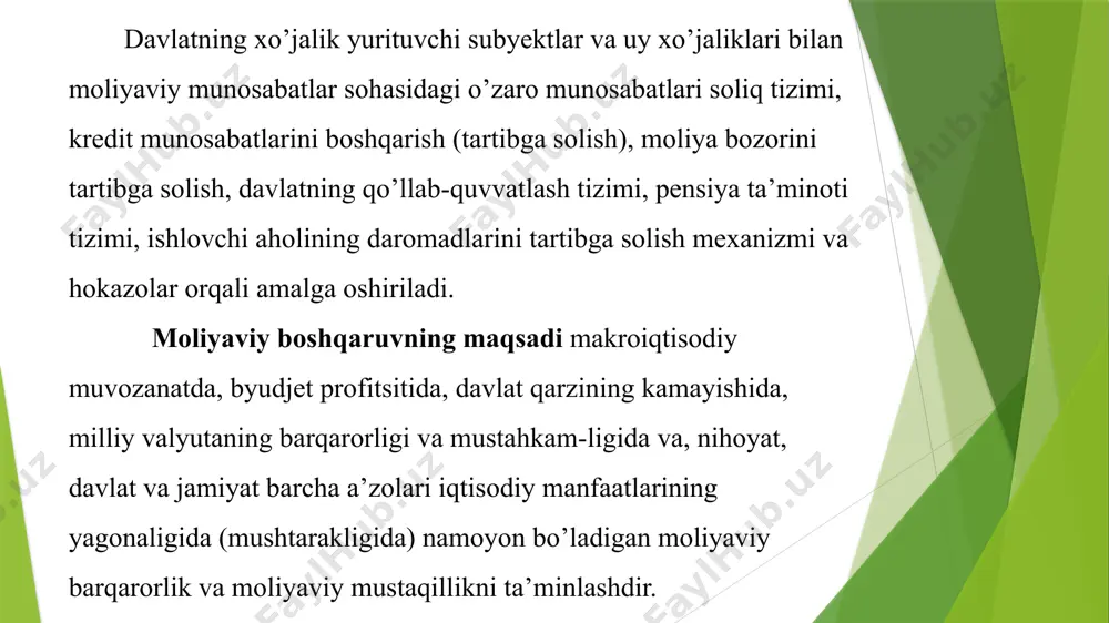 kka egalik huquqini ajratgan kompaniyalar ko'pincha bozor qiymatini oshirishda muvaffaqiyatliroq bo'ladi, chunki investorlar professional boshqaruvga ishonch bildiradilar. bu sabablardan kelib chiqib, ko'plab kompaniyalar boshqaruv va mulkka egalik huquqini ajratishga intilishadi, bu esa ularning moliyaviy barqarorligini va rivojlanishini ta'minlaydi. 4.korporativ boshqaruvning asosiy vazifasi va uning moliyaviy jihatlari korporativ boshqaruvning asosiy vazifalari va uning moliyaviy jihatlari quyidagilardan iborat: 1. strategik rejalashtirish: korporativ boshqaruv kompaniyaning uzoq muddatli strategiyasini ishlab chiqadi va amalga oshiradi. bu reja moliyaviy maqsadlarni, resurslarni taqsimlashni va bozor imkoniyatlarini o'z ichiga oladi. 2. resurslarni boshqarish: boshqaruv resurslarni, jumladan, moliyaviy, insoniy va moddiy resurslarni samarali boshqarishi kerak. bu resurslardan foydalanishning samaradorligini oshirishga yordam beradi. 3. risklarni boshqarish: korporativ boshqaruv risklarni aniqlash, baholash va boshqarish jarayonlarini o'z ichiga oladi. bu, o'z navbatida, moliyaviy barqarorlikni ta'minlaydi. 4. ma'lumotlarni ta'minlash va hisobot berish: boshqaruv rahbariyati kompaniyaning moliyaviy holati haqida aniq va to'g'ri ma'lumotlarni taqdim etishi zarur. bu ma'lumotlar investorlar va boshqa manfaatdor tomonlar uchun …