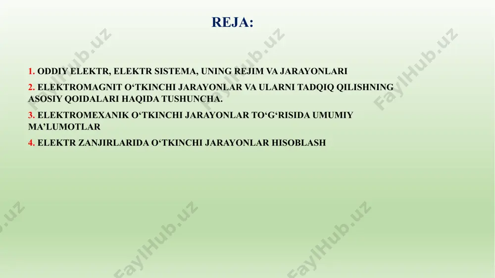 istema elementlari elektr energiyani ishlab chiqish (ya’ni generatsiya), uzatish, taqsimlash va iste’mol qilish jarayonlari umumiyligi bilan bogmangan. shuningdek sistema holati o‘zgarganda elementlarda umumiy jarayonlar hosil bo‘ladi. ta’kidlash kerakki, alohida elementlami birlashtiruvchi sistema alohida elementlarda kuzatilmaydigan xususiyatlarga ega bo‘ladi. sistemada sodir bo‘ladigan jarayonlar uning elementlarida ro‘y beradigan jarayonlardan ancha farq qilishi mumkin. oddiy elektr, elektr sistema, uning rejim va jarayonlari sistemada mavjud bo‘lgan va har vaqt onida yoki biror vaqt intervalida uning holatini aniqlovchi jarayonlar majmui sistema rejimi (holati) deb ataladi. rejim sistema elementlarining bog‘lanish sxemasiga va uning parametrlariga bog‘liq bo‘ladi. sistema rejimi miqdor va sifat ko‘rsatkichlariga ega. miqdor ko‘rsatkichlari: ishlab chiqarilayotgan aktiv p va reaktiv q quwatlar, q va p quvvatlar oqimlari, ishlab chiqarilayotgan elektroenergiya miqdori. sifat ko‘rsatkichlari: sistema shinalaridagi kuchlanishning qiymati, chastota / , kuchlanish va toklaming sinusoidal shakli, uch fazali kuchlanish va tok vektorlarining simmetrikligi va boshqalar. rejim parametrlari - sistemaning holatini miqdor jihatdan aniqlaydigan va sistema holati …