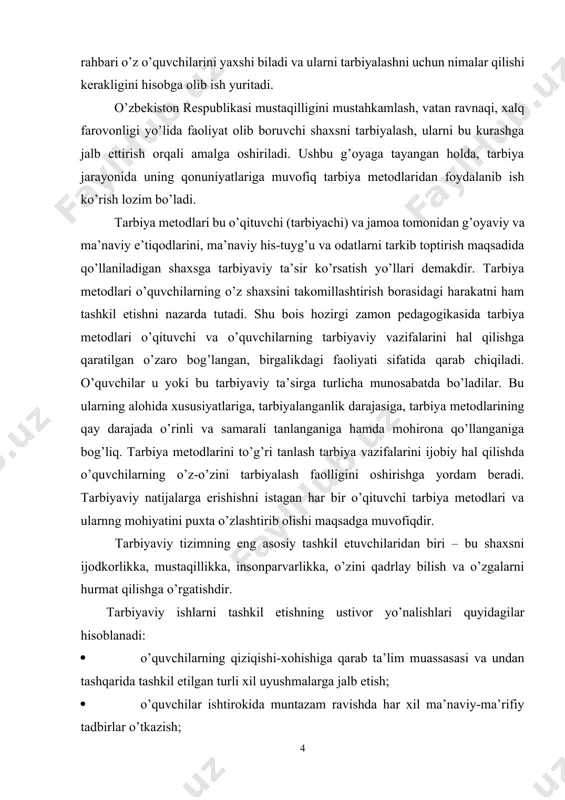 ning mazmuni, shakli va metodlari» - deb belgilandi. kurs ishining maqsadi: sinfdan tashqari tarbiyaviy ishlarning mazmuni, shakli va metodlarini aniqlash. kurs ishining ob’ekti: sinfdan tashqari tarbiyaviy ishlarning mazmuni, shakli va metodlaridan foydalanish jarayoni. kurs ishining predmeti: sinfdan tashqari tarbiyaviy ishlarning mazmuni, shakli va metodlaridan foydalanish mazmuni. kurs ishining vazifalari: 1. sinfdan tashqari tarbiyaviy ishlarning mazmuni, shakli va metodlaridan foydalanish hozirgi holatini o’rganish. 2. sinfdan tashqari tarbiyaviy ishlarning mazmuni, shakli va metodlaridan foydalanish omillarini aniqlash. 3. maktab, oila va jamoatchilik hamkorligida bolalarni tarbiyalash shakl, metod va vositalarni belgilash. kurs ishining tarkibi: kirish, asosiy qism 3-bo’lim xulosa va adabiyotlar ro’yxatidan iborat. i bob. sinfdan tashqari o’qishning maqsad-vazifalari va rahbarlik qilish shakllari 1.1. sinfdan tashqari o’qishning maqsad va vazifalari maktab o’quvchini o’qish malakasi bilan qurollantirish bilan bir qatorda kitobni mustaqil o’qiy oladigan, uni tushunadigan, ma’lum bir mavzuga oid kitoblarni tanlay oladigan, gazeta va jurnallarni ham mustaqil o’qiydigan faol kitobxonni tarbiyalaydi. shu jihatdan sinfdan …