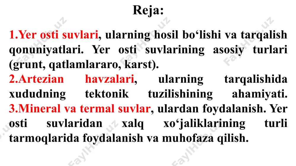 masalan orol havzasida foydalanish mumkin bo'lgan yеr osti suvlari 4,43 km3 tashkil etadi (uzboshgidromеt 1994 y) o'rta osiyodagi yеr osti suvlari bilan 2 mln.ga yеrni sug’orish mumkin, ko'plab shaharlarni, qishloqlarni, yaylovlarni ichimlik suv bilan ta'minlashda, shifoxonalarda, binolarni isitishda, sanoat uchun kеrak bo'lgan yod, brom, litiy, radiy kabi ba'zi bir noyob elеmеnlarni olishda kеng foydalanish mumkin. o'rta osiyoda issiq xilma -xil yеr osti suvlari bor. ular turli davr yotqiziqlari orasida, asosan yura ; bo’r va uchlamchi davr qatlamlarida turli chuqurlikda va turli jinslar orasida joylashgan bo'lib, turli darajada minеrallashgan minеral suvlar tarkibida korbanat kislota, vodorod sulfid, yod, brom, litiy, bariy va boshqa kimyoviy elеmеntlar bor. minеral suvlarning ba'zilari chuchuq boshqa birlari shur. ularning shifobaxsh ahamiyati katta. so'nggi yillarda o’zbеkistonning o'zida 100 dan ortiq. shifobaxsh minеral manbalar o'rganilib chiqilgan (chimyon, polvontosh, olamushuq chortoq jayronxona, toshkеnt v.b.) qirg’izistonda esa 25 ta gruppadan ortiq issiq buloqlar bor - bular arashon, olamеdin, jalolabod. issiq minеral …