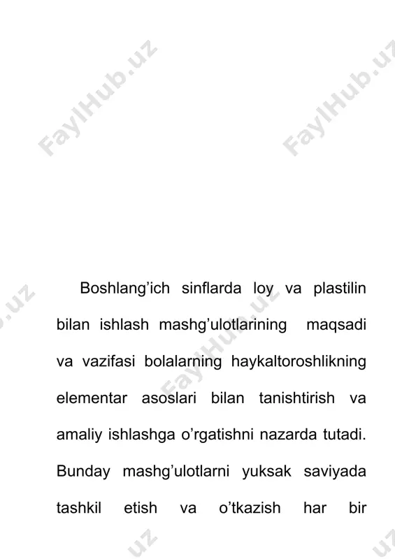 n oddiy asboblar, pichoq, oddiy konstruktsiyadagi yog’och va metall uchli steklardan foydalaniladi. plastilin va mum bilan ishlaganda metall steklardan foydalaniladi. ularni qizitish hamda yo’g’on mis, alyumin yoki temir simdan tayyorlash mumkin. tsirkulg’, o’lchov, chizg’ich va burchaklar kabi o’lchov asboblari modellarni chizish va o’lchash ishlarida kerak bo’ladi. tayyor narsalardagi changlarni yo’qotish, loy narsalarni supurib tashlash, narsani solish va unga narsalar surtish jarayonida har – xil mo’yqalamlar bo’lishi maqsadga muvofiqdir. haykaltoroshlik haqida qisqacha mahlumot. haykaltoroshlik – tahsviriy sahnat turlaridan biridir. sahnatning bu turining xususiyati tasvirni hajmi – formasidir. plastik tasvirlar orasida aylana haykaltoroshlik yolg’iz tur emas. undan tashqari, barelg’ef va gorelg’ef ham mavjud relg’ef aylana haykaltoroshlikdan farq qilib, yassi sathda aks etadi. bu haykaltoroshlik formalaridan idish – tovoq sathini, binolarning old tomoni, inter’erni va shu kabilarni bezashda foydalaniladi. loy va plastilin bilan ishlashda kerak bo’ladigan usullar. yumoloqlik – bu parcha loydan shar yasash, unga olcha, olma kabilar shaklini berishdir. bir bo’lak loydan …