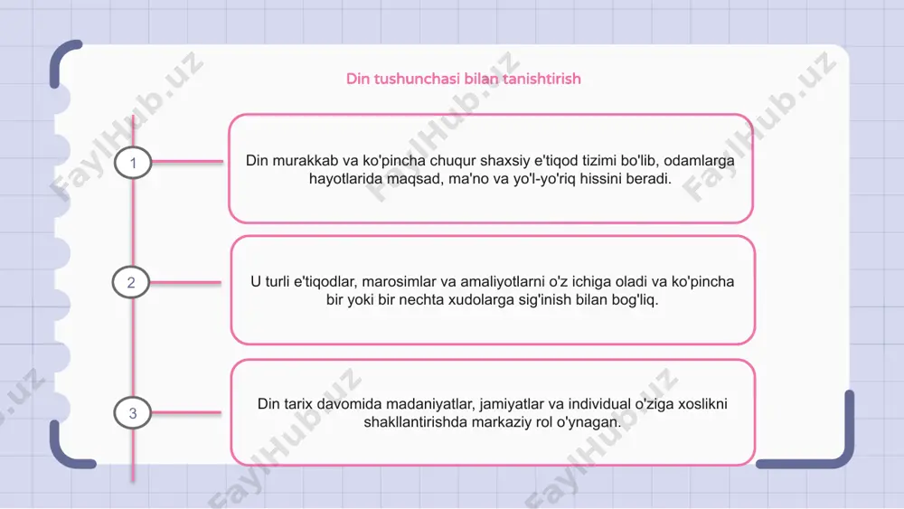 din butun dunyoda jamiyat va madaniyatlarni shakllantirishda muhim rol o'ynagan tushunchadir. bu odamlarga maqsad, axloq va qadriyatlar hissini beradi, bu ularning harakatlari va xatti-harakatlarini boshqarishga yordam beradi. diniy e'tiqod va urf-odatlar orqali odamlar tasalli, ma'no va jamoa tuyg'usini topadilar. bu qiyin paytlarda tasalli va qo'llab-quvvatlash manbai va quvonchli paytda bayram vositasidir. biroq, din jamiyatga bo'linuvchi ta'sir ko'rsatishi mumkin, bu esa nizolar, kamsitishlar va hatto zo'ravonliklarga olib keladi. diniy e'tiqod va mafkuralardagi tafovutlar shaxslar va jamoalar o'rtasida keskinlik va bo'linishlarni keltirib chiqarishi mumkin. diniy marosimlar va ibodatlarning roli din tushunchasida diniy marosimlar va topinishning o`rni katta. bu marosimlar va ibodat amaliyotlari imonlilar uchun ilohiy bilan bog'lanish va o'z e'tiqodlarini ifoda etish uchun bir yo'ldir. diniy urf-odatlar ko'pincha ma'naviy kuch va ma'noga ega bo'lgan ibodatlar, qurbonliklar va marosimlar kabi ramziy harakatlarni o'z ichiga oladi. ular dindorlar o'rtasida birdamlik tuyg'usini shakllantirishga, diniy e'tiqod va qadriyatlarni mustahkamlashga yordam beradi. diniy xizmatlar va marosimlar kabi …