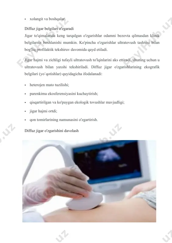 g umumiy belgilariga quyidagilar kiradi: - ishtahaning yo'qolishi; - ko'ngil aynishi, qusish; - qichishish, kuyish; - zaiflik, letargiya; - unumdorligi pasaygan. deyarli barcha turdagi jigar kasalliklari teri rangining o'zgarishi bilan tavsiflanadi. dastlab, bemorda ko'zning sklerasi sarg'ayadi, keyin teri sarg'ish rangga aylanadi. bundan tashqari, najasning rangi o'zgarishi va siydikning qora jigarrang soyalargacha sezilarli darajada qorayishi mavjud. yuqoridagi alomatlar fonida qondagi safro komponentlari darajasining oshishi tufayli qichishish paydo bo'lishi mumkin. ayollarda hayz davrining buzilishi kuzatiladi, erkaklarda jinsiy zaiflik rivojlanadi. jigar kasalliklarining belgilari va namoyon boʻlishi, diagnostika va davolash toʻgʻridan-toʻgʻri ushbu organning shikastlanish sabablariga bogʻliq. muammoni dastlabki bosqichda aniqlash uchun bir qator laboratoriya qon testlari o'tkaziladi. jigar kasalliklarining turlari jigardagi yallig'lanish jarayonining shikastlanish darajasi va lokalizatsiyasiga qarab, ushbu organning barcha mumkin bo'lgan kasalliklari ikkita katta guruhga bo'linadi: - diffuz; - markazlashtirilgan. diffuz ostida jigarda uning butun hududiga ta'sir qiluvchi yallig'lanish hodisalari (masalan, virusli va o'tkir gepatit, steatoz, sklerozan xolangit, biliar siroz va boshqalar) …