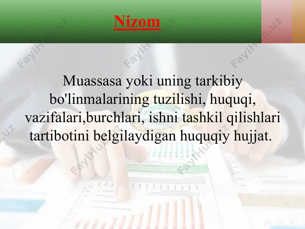 a turmaydigan shaxslar o‘rtasida ham ma’lum mehnat munosabatlari o‘rnatilishi mumkin. ba'zi hollarda ma'lum cheklangan muddatda bajariladigan xizmatni muayyan muassasaning o‘zidan bajaradigan xizmatchi bo'lmay qoladi. shunday hollarda chetda taklif qilingan mutaxassis bilan mehnat bitimi tuziladi. bitimning zaruriy qismlari 1. hujjat nomi. 2. tuzilgan sana va joy. 3. mehnat bitimi, tuzayotgan tomonlarning to‘la va aniq nomi, ishlovchining lavozimi, to‘liq ism-sharifi. 4. bitim mazmuni. 5. ishni bajarish muddati va bajaruvchiga to'lanadigan ish haqining umumiy miqdori. 6. ish sifatiga qo‘yiladigan talablar va uni qabul qilib olsh tartibi. 7. bajaruvchiga haq tomash muddati va tartibi. 8. tomonlaming manzillari. 9. tomonlaming imzolari. 10. muassasa muhri. image2.jpg image3.jpg image4.jpeg image5.jpeg image1.jpg