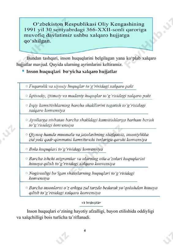 qiyot darajasi, shu davlatda yashayotgan insonning davlat bilan o‘zaro munosabati doirasi, jamiyatda tutgan ijtimoiy mavqeiga, ushbu huquqlarning davlat tomonidan kafolatlanganligi darajasiga bog‘liq bo‘ladi. masalan, insonning yashash huquqi, shaxsiy daxlsizlik huquqi, mulkiy huquqi va boshqalar shu davlatning ijtimoiy-iqtisodiy, siyosiy tuzumi bilan chambarchas bog‘liq holda belgilanadi. inson huquqlarini ta’minlash va kafolatlashda har bir davlatning asosiy qonuni, ya’ni konstitutsiyasi muhim manbai bo‘lib hisoblanadi. masalan, o‘zbekiston respublikasining konstitutsiyasida inson huquqlari va kafolatlariga alohida e’tibor berilgan. o‘zbekiston respublikasi konstitutsiyasining ikkinchi bo‘limi inson va fuqarolarning asosiy huquqlari, erkinliklari va burchlariga bag‘ishlangan bo‘lib, ushbu bobdagi birinchi normada “o‘zbekiston respublikasida insonning huquq va erkinliklari xalqaro huquqning umume’tirof etilgan normalariga binoan hamda ushbu konstitutsiyaga muvofiq e’tirof etiladi va kafolatlanadi” degan so‘zlar bayon qilingan (19-modda birinchi qismi.) inson huquqini munosib ta’minlash davlatning va boshqa ijtimoiy munosabat subyektlarining huquq va erkinliklariga ta’sir etmasligi kerak. inson huquqlari har bir odamga mamlakatning ijtimoiy tuzumi, davlatning ichki huquq-tartiboti, o‘zining ijtimoiy mavqeidan, jinsidan qat’iy nazar, …