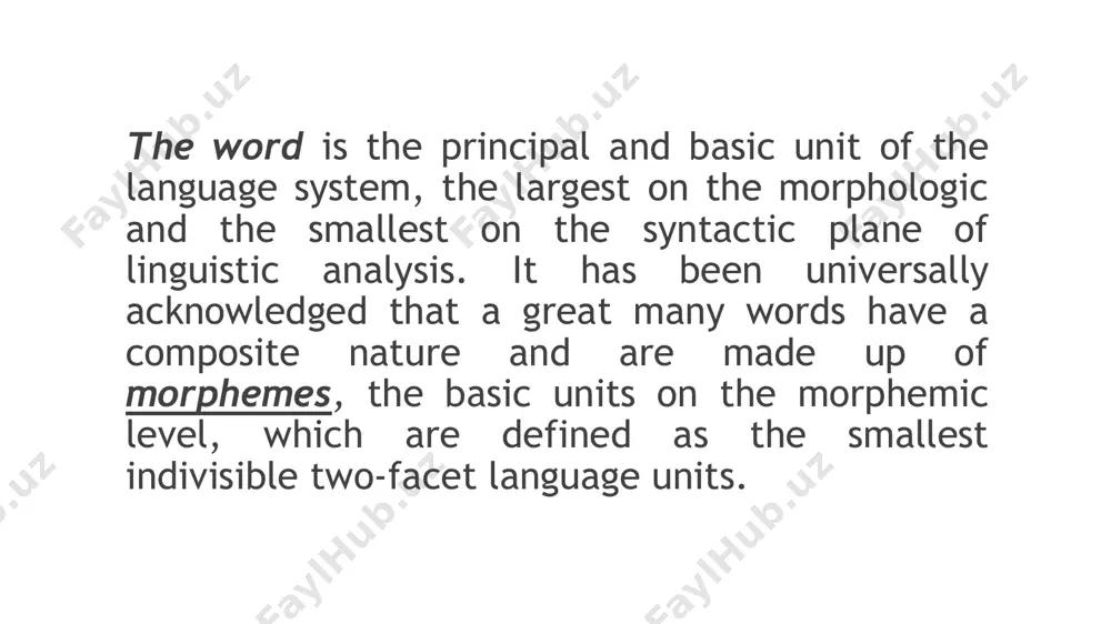 s: simple, derived, compound and compound-derived. simple simple stems are semantically non-motivated and do not constitute a pattern on analogy with which new stems may be modelled. simple stems are generally monomorphic and phonetically identical with the root morpheme. derived derived stems are built on stems of various structures though which they are motivated, i.e. derived stems are understood on the basis of the derivative relations between their immediate constituents and the correlated stems. compound compound stems are made up of two stems, both of which are themselves stems, for example, match-box, driving-suit, pen-holder, etc. it is built by joining of two stems, one of which is simple, the other derived. compound-derived the compound-derived stems are those which, besides 2 stems, have also affixes, like lop-sided, long-legged, blue-eyed, merry-go-roundish, etc. stems have not only the lexical meaning but also grammatical (part-of speech) meaning, they can be noun stems («girl») adjective …