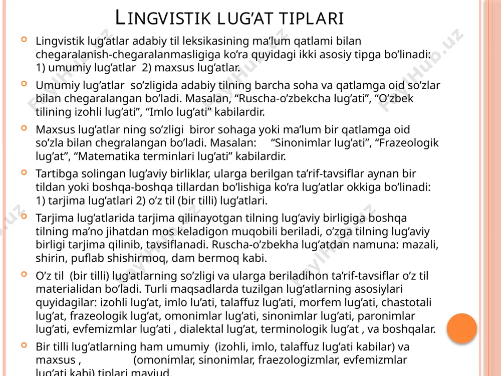 amjamiyat tomonidan bog'langan shaxslar tomonidan muloqot vositasi sifatida ishlatiladigan ushbu tilning xilma-xilligi. dialekt - bir xil hudud bilan bog'langan odamlar o'rtasidagi muloqot vositasi sifatida ishlatiladigan til turi. dialekt - bu o'ziga xos lug'at va grammatikaga ega bo'lgan nutqiy aloqaning to'liq tizimi (og'zaki yoki imzolangan, lekin yozma ravishda emas). an'anaga ko'ra, shevalar, birinchi navbatda, qishloq hududiy dialektlari sifatida tushunilgan. so'nggi paytlarda shahar dialektlari bo'yicha juda ko'p ishlar paydo bo'ldi; xususan, ular ingliz tili amerikalik ingliz tilining boshqa turlaridan sezilarli darajada farq qiladigan qo'shma shtatlarning negro shahar aholisining nutqini o'z ichiga oladi. frantsuz tilshunoslari “dialekt” (dialekt) atamasi bilan bir qatorda “patois” (patois) atamasidan foydalanadilar, bu ayni paytda aholining ayrim guruhlari, asosan qishloq aholisining mahalliy cheklangan nutqini bildiradi. lingvistik va madaniy lug’atlar lingvistik va madaniy lug'atlar- “lingvokulturologiya (lotin tilidan lingua - til, cultura - madaniyat, logos - ta'lim) - sintezlovchi turdagi ilmiy fan bo'lib, uning faoliyatidagi madaniyat va tilning munosabati va o'zaro ta'sirini …