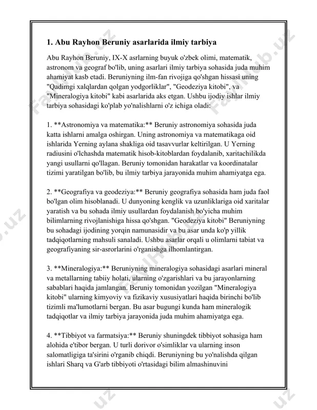 sosan matematika, astronomiya, geografiya, tarix, farmakologiya, mineralogiya kabi fanlar bilan shug'ullangan. uning "qadimgi xalqlardan qolgan yodgorliklar" asari turli millatlarning tarixi, urf-odatlari, diniy qarashlari va axloqiy tamoyillarini o'rganishga bag'ishlangan. bu asar orqali beruniy o'z zamonasining ahloqiy qadriyatlariga bevosita baho berishga harakat qiladi. u har bir millat va jamiyatning axloqiy qoidalarni boshqa xalqlarniki bilan qarama-qarshi qo'ymaslik, balki har birining afzalliklarini keltirib chiqarishi kerakligini aytadi. beruniy uchun axloqiy tarbiya insonning ma'naviy olamini boyitish va insoniylik fazilatlarini rivojlantirishda muhim vosita edi. u axloqiy me'yorlarni buzuvchi har qanday faoliyat, yo'l tutish va qadriyatlarga qarshi edi. u islohot vaqtida axloqiy nuqtai nazardan milliy va umuminsoniy qadriyatlarni birgalikda rivojlantirishni maqsad qilgan. axloqiy tarbiya tushunchasida eng asosiy mezonlardan biri beruniy uchun ilmga bo'lgan rag'bat edi. u fan va ilmni kashf etish jarayonida axloqiy me'yorlarni buzmaslik muhimligini ta'kidlagan. beruniyga ko'ra, ilm olish jarayonida axloqiy me'yorlarga amal qilish ilm-fanning rivojlanishi va insoniyat taraqqiyotining muhim omili hisoblanadi. abu rayhon beruniy o'z …